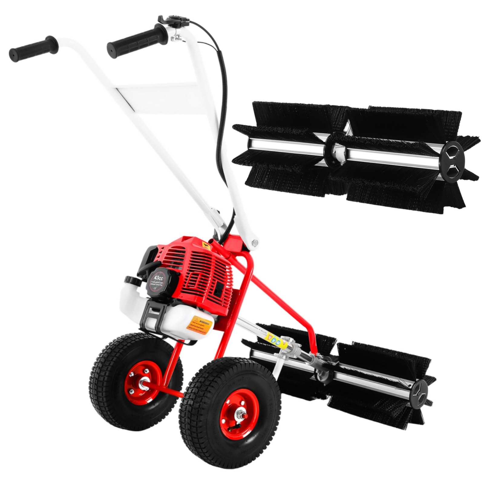 Quitanieves gasolina 43 ccm barredora gasolina motoescoba quitanieves con cepillo de 60 cm de ancho y gafas protectoras, kit de construcción para césped artificial, carreteras