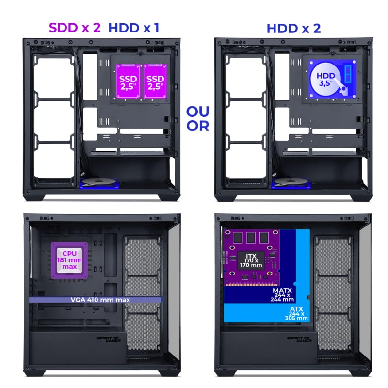 Spirit Of Gamer - Spark Dark, Case PC Gaming RGB Aquarium, Compatibile ATX/mATX/mITX, 6 Ventole ARGB da 120 mm incluse, Torre Gaming Vuota con Pannello Frontale e Laterale in Vetro Temperato da 4 mm