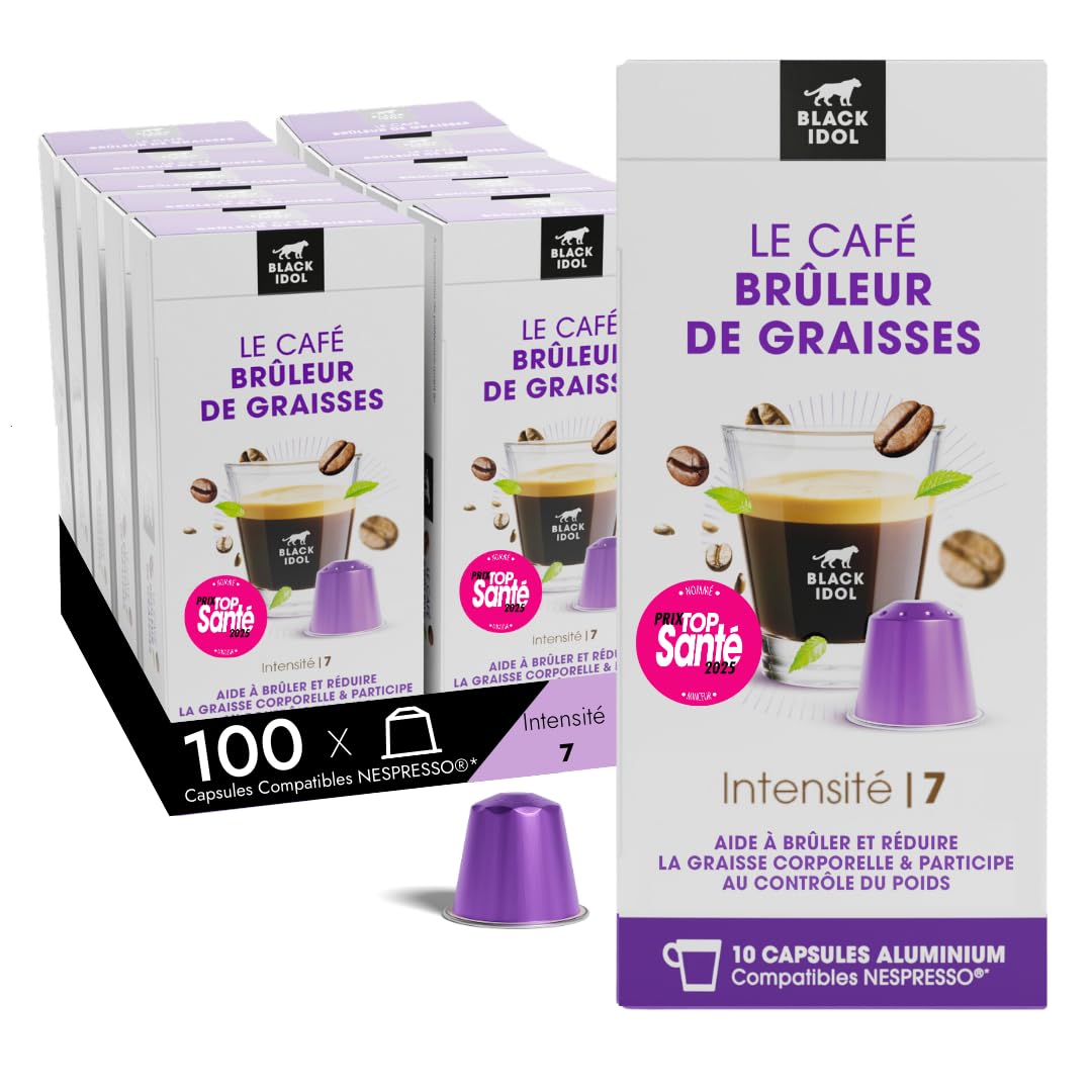 CAFÉ BLACK IDOL – QUEMADOR – Adelgazante – 100 CÁPSULAS – Intensidad 7 – Cápsulas de café compatibles con Nespresso®– Con antioxidantes naturales de té verde