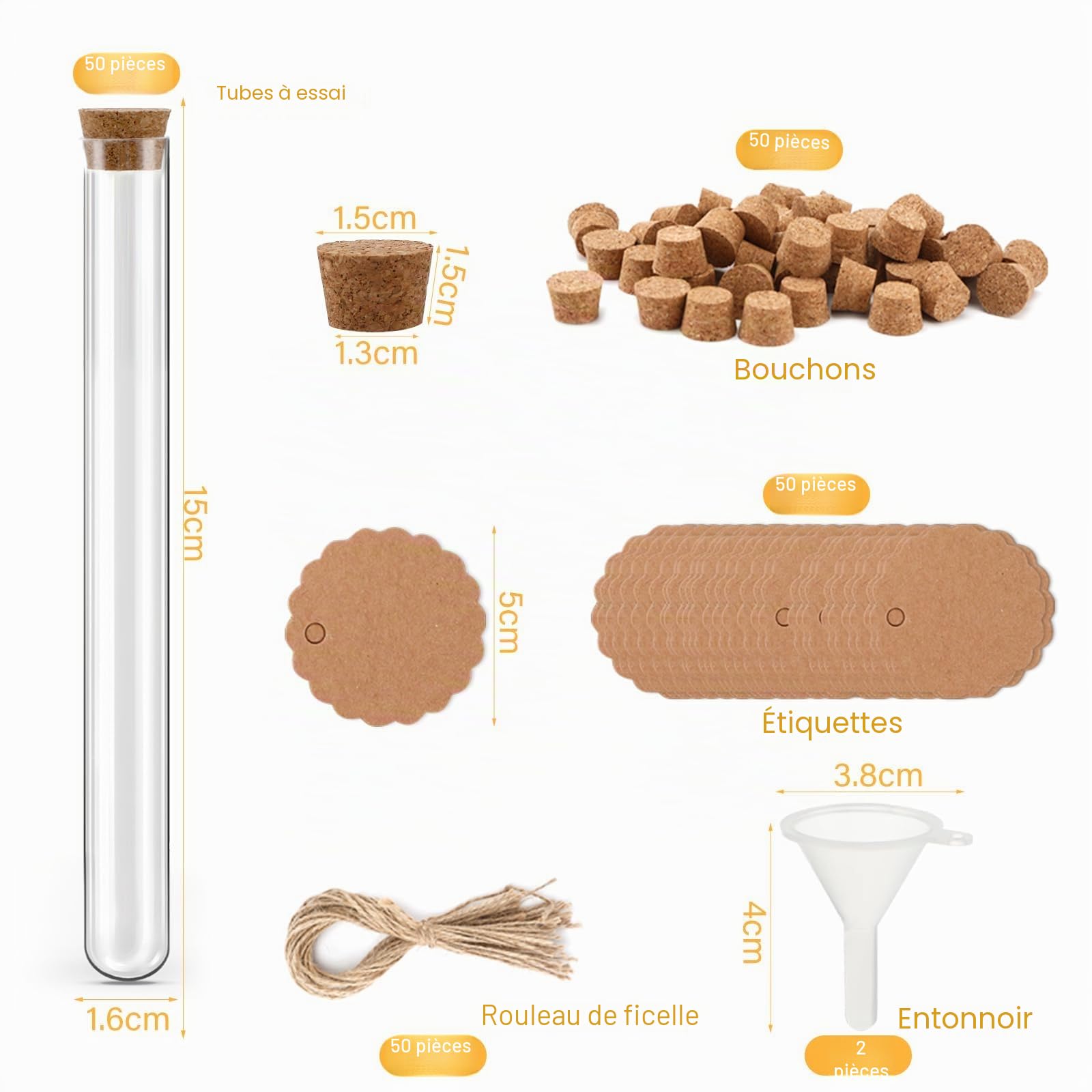 Zikenis 50 Pcs tubes à essai avec bouchon En plastique-Avec liège-150x16mm | Avec 50 étiquettes en papier kraft + 50 cordes de chanvre + 2 entonnoirs + 50 étiquettes - Pour décoration de