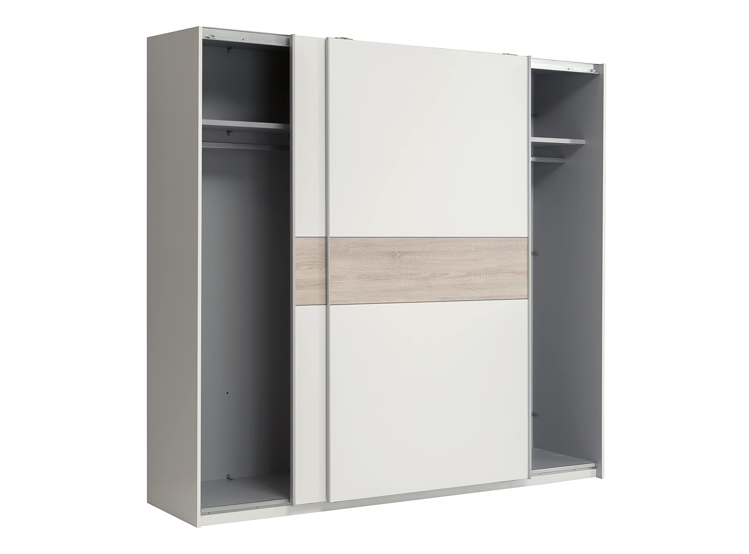 FORTE WINNER PLUS Schrank 220, Kleiderschrank Schwebetürenschrank Skandinavisch Schlafzimmer 2-türig Einlegeböden Kleiderstange, Weiß / Holzdekor: Sonoma Eiche, 220 cm breit x 210 cm hoch x 61 cm tief