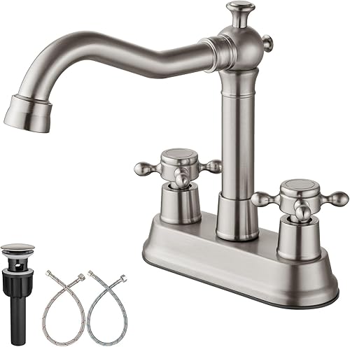 Aolemi Grifo de lavabo de baño de níquel cepillado de 4 pulgadas, juego central montado en la cubierta con 2 asas cruzadas, grifo mezclador vintage,