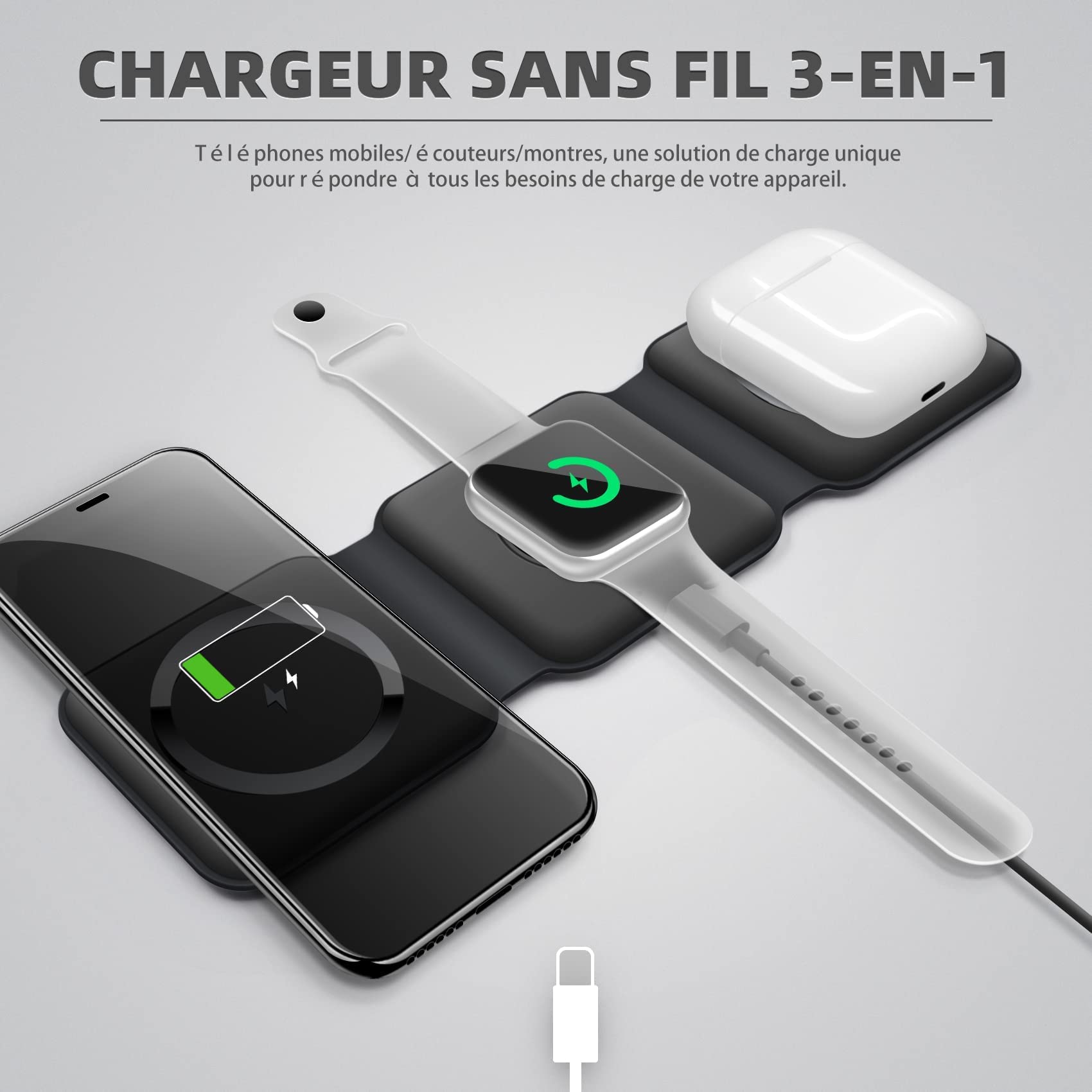 EXW Chargeur Induction 3 en 1 for iPhone 16/15/14/13/12/Pro/ax/Plus