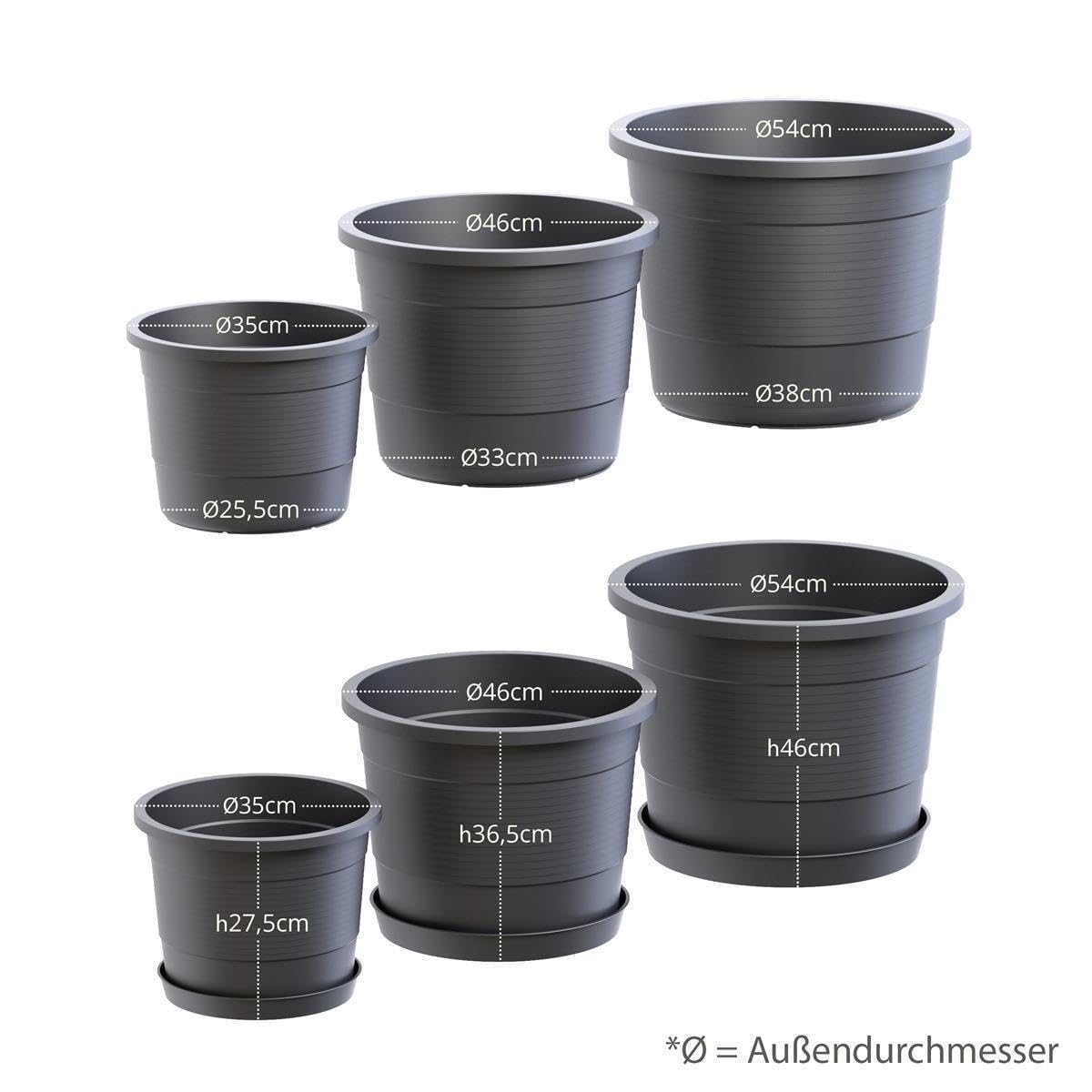 Plastard Blumentopf Terra Ø 54 cm Anthrazit mit Untersetzer, wetterfester Pflanzkübel, Pflanztopf, Blumenkübel, Übertopf für Innen & Außen aus Kunststoff mit Überlauf