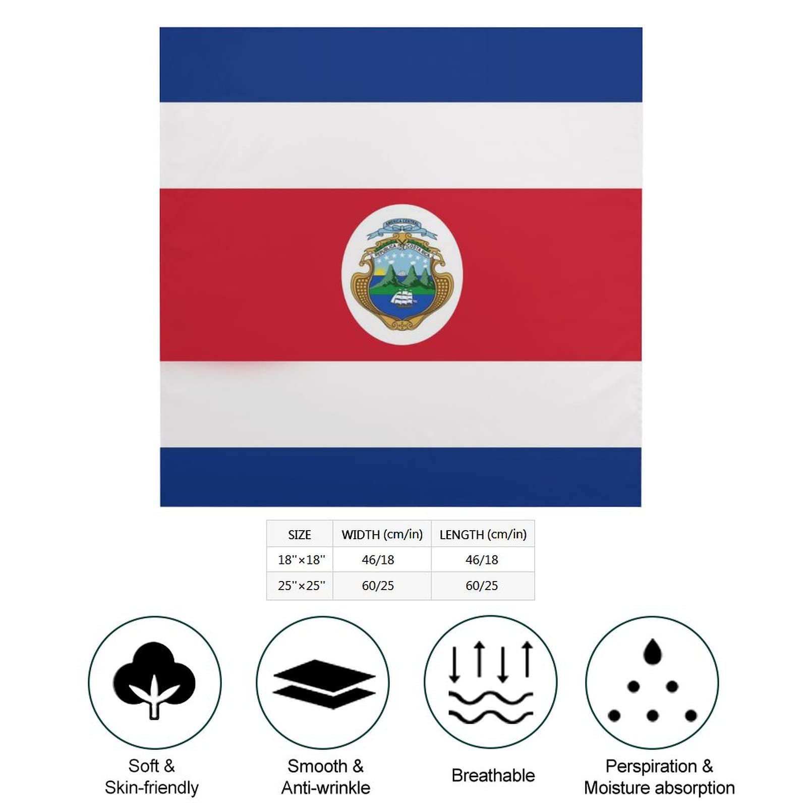 Costa Rica Rican Flag Vintage Silk-Like Square Scarf Soft Bandanas Print Face Mask Headwear Handkerchiefs 25