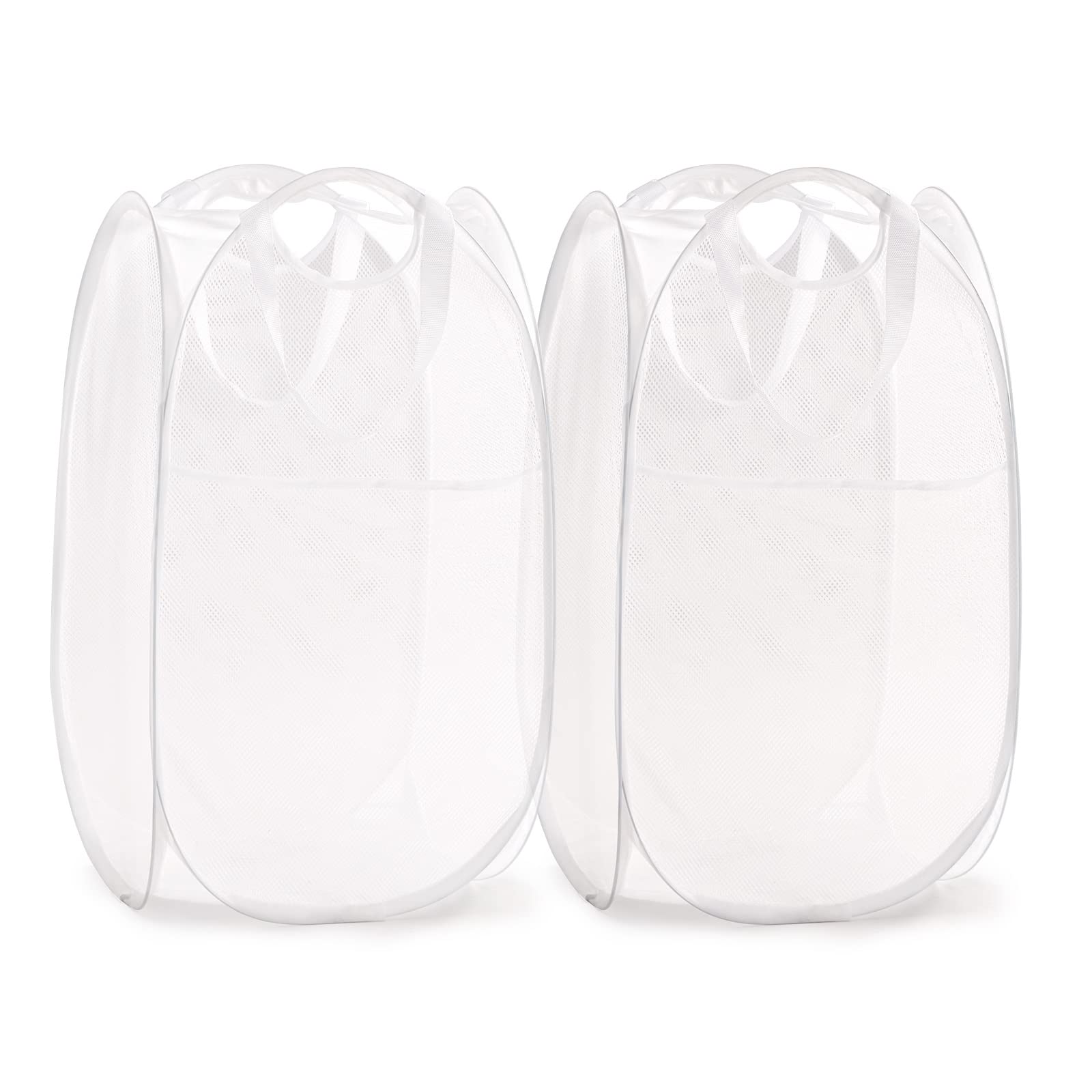 TECHMILLY Collapsible Mesh Pop Up Laundry Hamper with Sturdy Handles and Side Pocket - Portable Foldable Clothes Baskets for Dorm, Bathroom &amp; Travel Storage (White, 2 Packs)