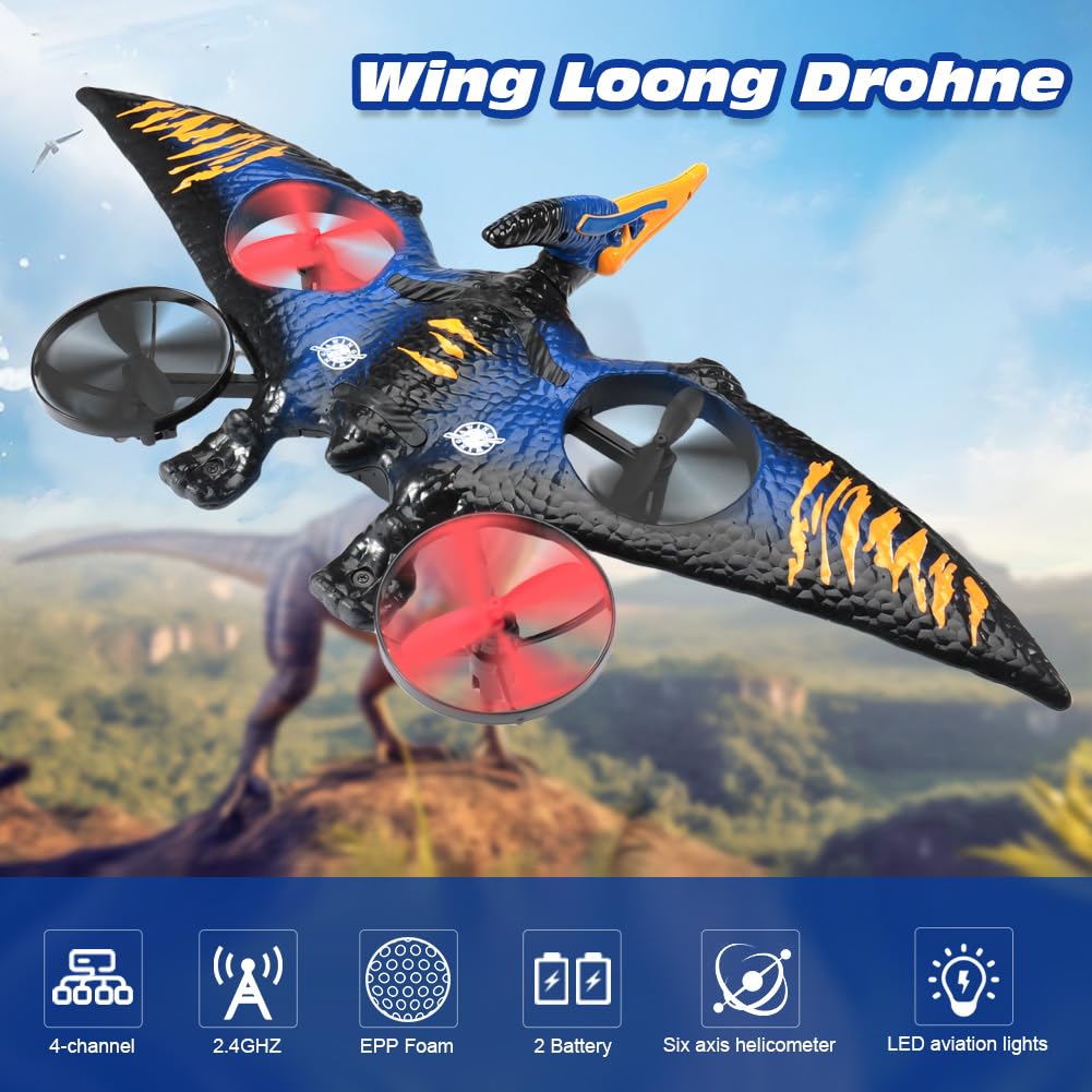 Drone giocattolo dinosauro pterodattile per bambini, facile da volare, drago, aereo telecomandato, giocattolo volante, regalo di compleanno per ragazzi, hobby, aereo telecomandato (blu)