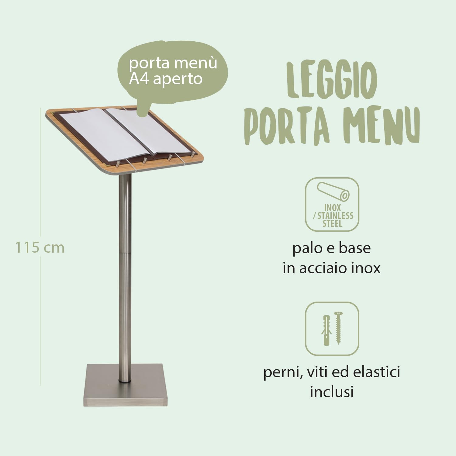 SECURIT - Leggio Porta Menu con Palo e Base - Per Caffè, Ristoranti, Bar, Negozi - Legno Laminato con Base in Acciaio Inox - Quattro Perni in Metallo e Elastici Inclusi - Teak