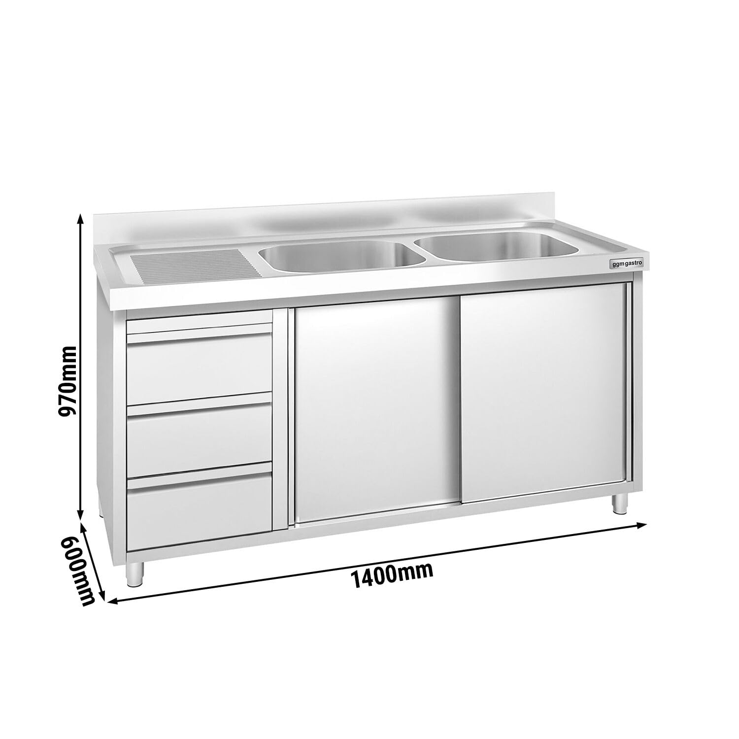 GGM Gastro | SSAAK146BR2S#ST3K46 | Spülschrank PREMIUM - 1400x600mm - mit 3 Schubladen & 2 Becken rechts