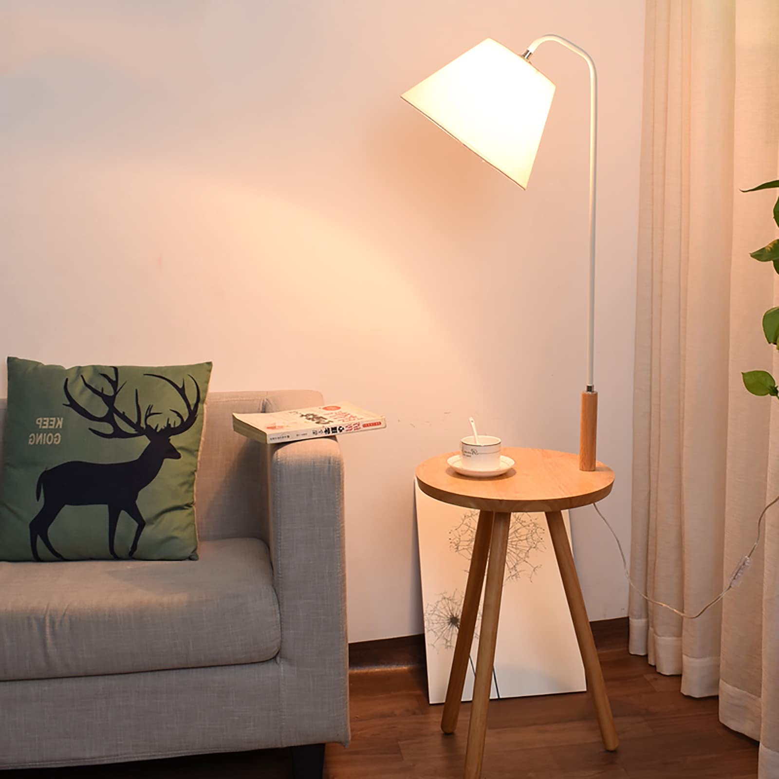 Lámpara de pie de madera con diseño de trípode y elegante pantalla textil E27 8