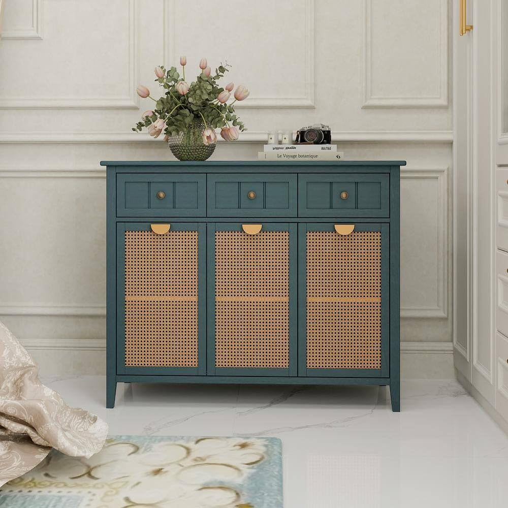 TGF Furniture Store Modern Sideboard Cabinet – Teal Green Storage Console with 3 Drawers & 3 Rattan Cane Doors, Wooden Buffet Table for Living Room, Dining Room & Entryway-image-9
