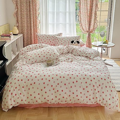 BHUSB Cute Strawberry Duvet Cover Twin Soft Cotton Comforter Cover with Zipper Ties,Japanese Style Strawberry Bedding Sets for Teens Girls,Ultra Soft Decor Duvet Cover Set 3 Piece,Twin Size