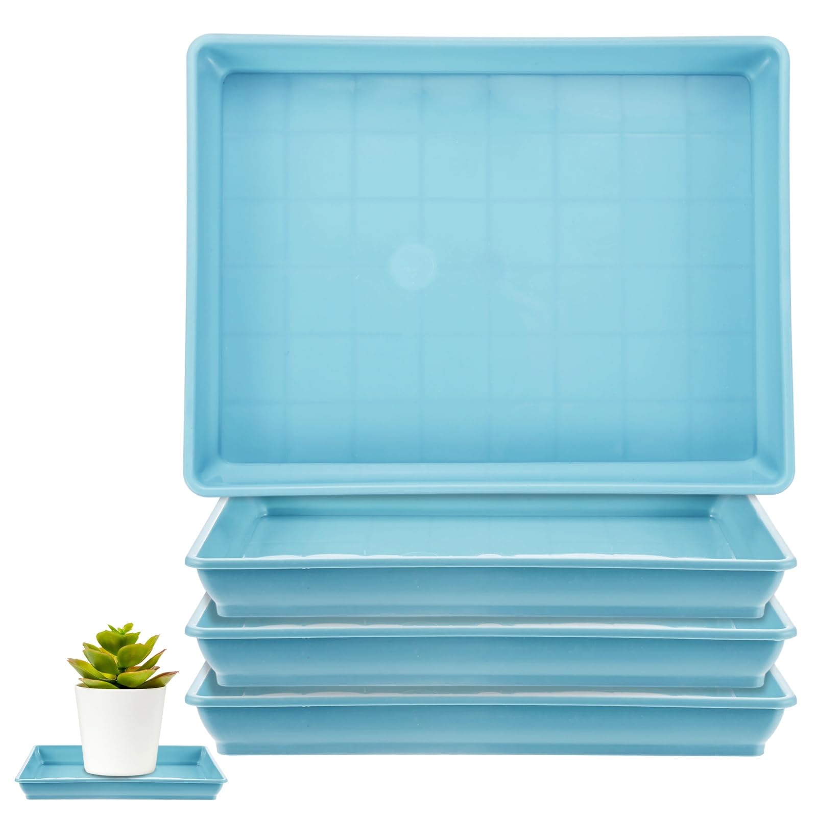 M METERXITY 4-Pack Plastic Plant Saucers, 5.2 x 7.2 Inch ID Rectangular Plant Pot Water Trays for Indoor/Outdoor, Flowerpot Drip Tray [6 x 8 Inch OD, Blue]
