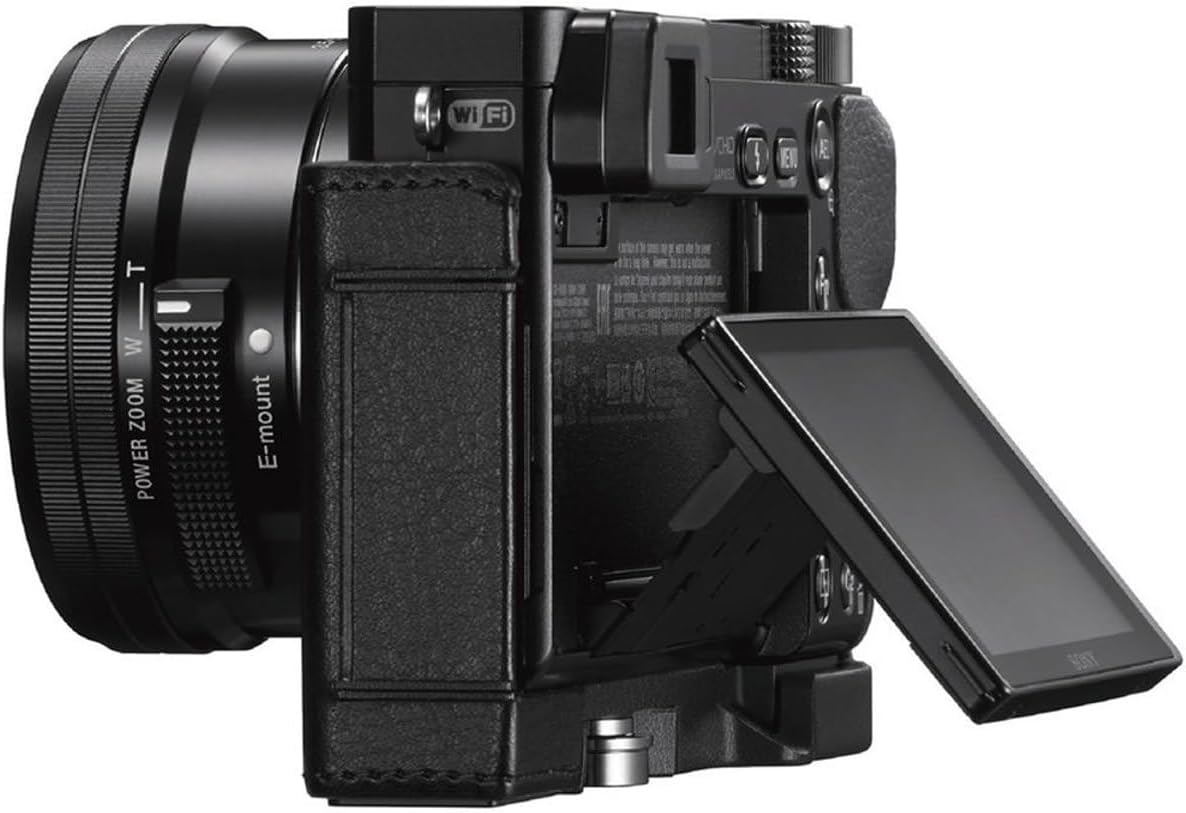 Sony Alpha A6000 camera with LCSEBE body case, showing the LCD monitor tilted outwards and upwards.