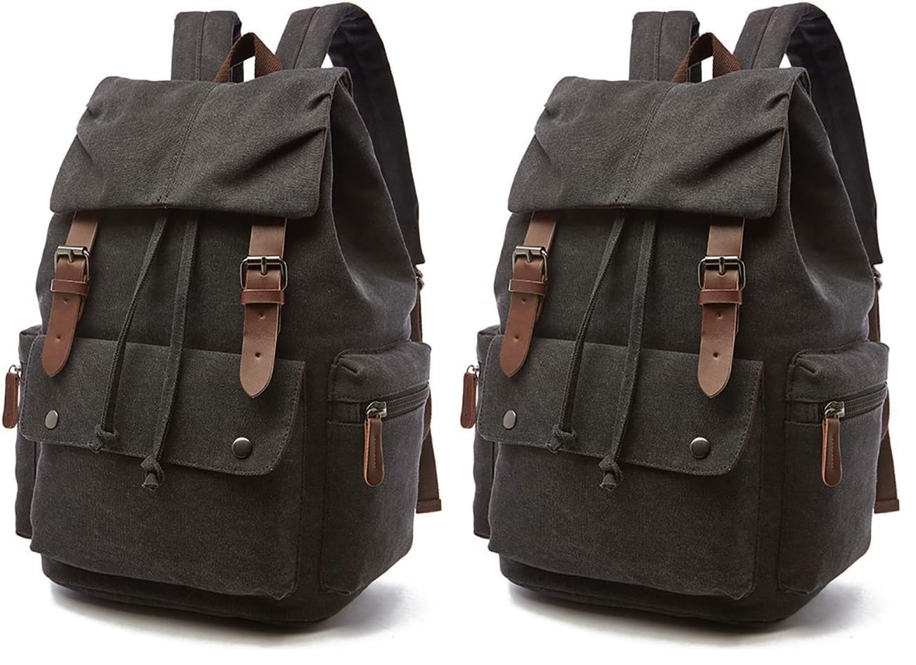 Leinwand Rucksack Jahrgang für Laptop Tagesrucksack Wandern Reisen Große Kapazität Tasche Unisex (Schwarz) (Packung mit 2)