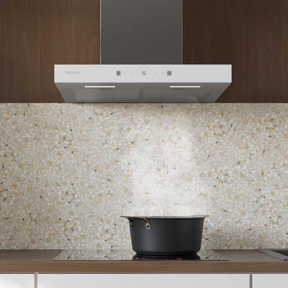 Cecotec Dunstabzugshaube 60 cm Flux TT 605500 Glas Weiß A++. 70W, Front aus weißem Glas, Niedriger Verbrauch, Absaugleistung 550m3/h, Touch-Steuerung, 3 Stufen, LED-Licht, Aktivkohlefilter