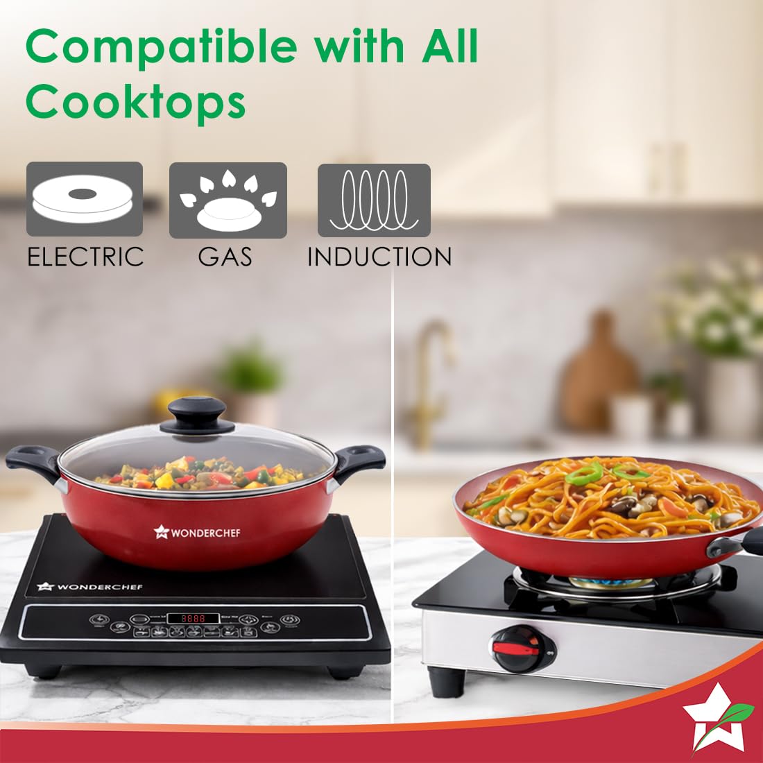 Wonderchef Valencia Non-Stick 4 Pc Cookware Set for Kitchen, Fry Pan 24cm, Kadhai with Glass Lid 24cm, Dosa Tawa 28cm, Non-Toxic PFOA Free, Gas Stove & Induction Friendly, 2-Yr Warranty, Red 4