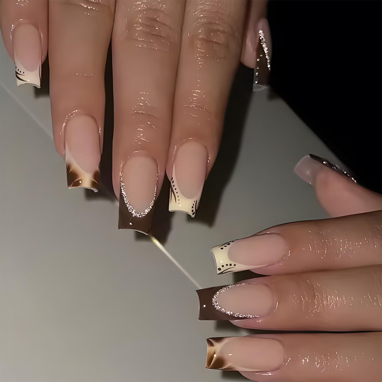 SINHOT Square Press on Nails Medium Glossy Glue on Nails Brown Ombre Acrylic Squoval Artificial Silver Bling Glitter Stick on False Nails with Design