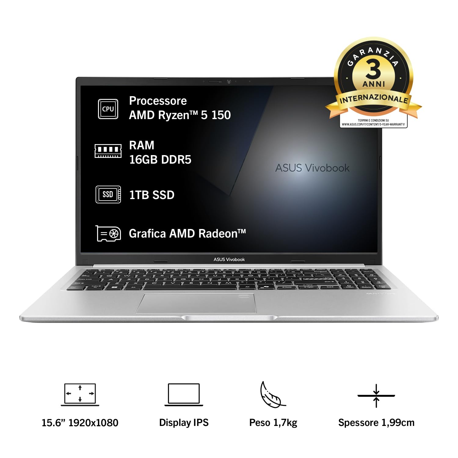 ASUS Vivobook 15 M1502NAQ, Notebook con display 15.6" IPS, Anti-glare, 60Hz, processore AMD RYZEN 5 150,RAM 16GB, 1TB SSD, WIN11 Home, Argento