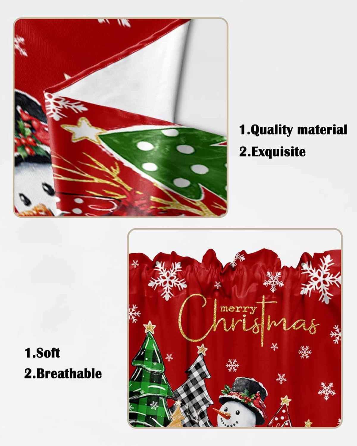 Christmas Swag Valance for Windows, Red Green Snowman Snowflake Pine Tree Checkered Rod Pocket Swag Curtains Valance Kitchen Curtains Tier Small Window Curtains for Kitchen Sink Living Room 56"Wx36"H