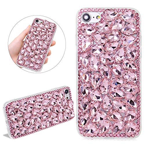 DasKAn Girls Crystal Diamond Case for iPhone 7/8/SE 2020 4.7 Handmade Women Bling Sparkle Full Jeweled 3D Rhinestone Back Cover Anti Scratch Shockproof Protective Phone Skin Shell, Pink