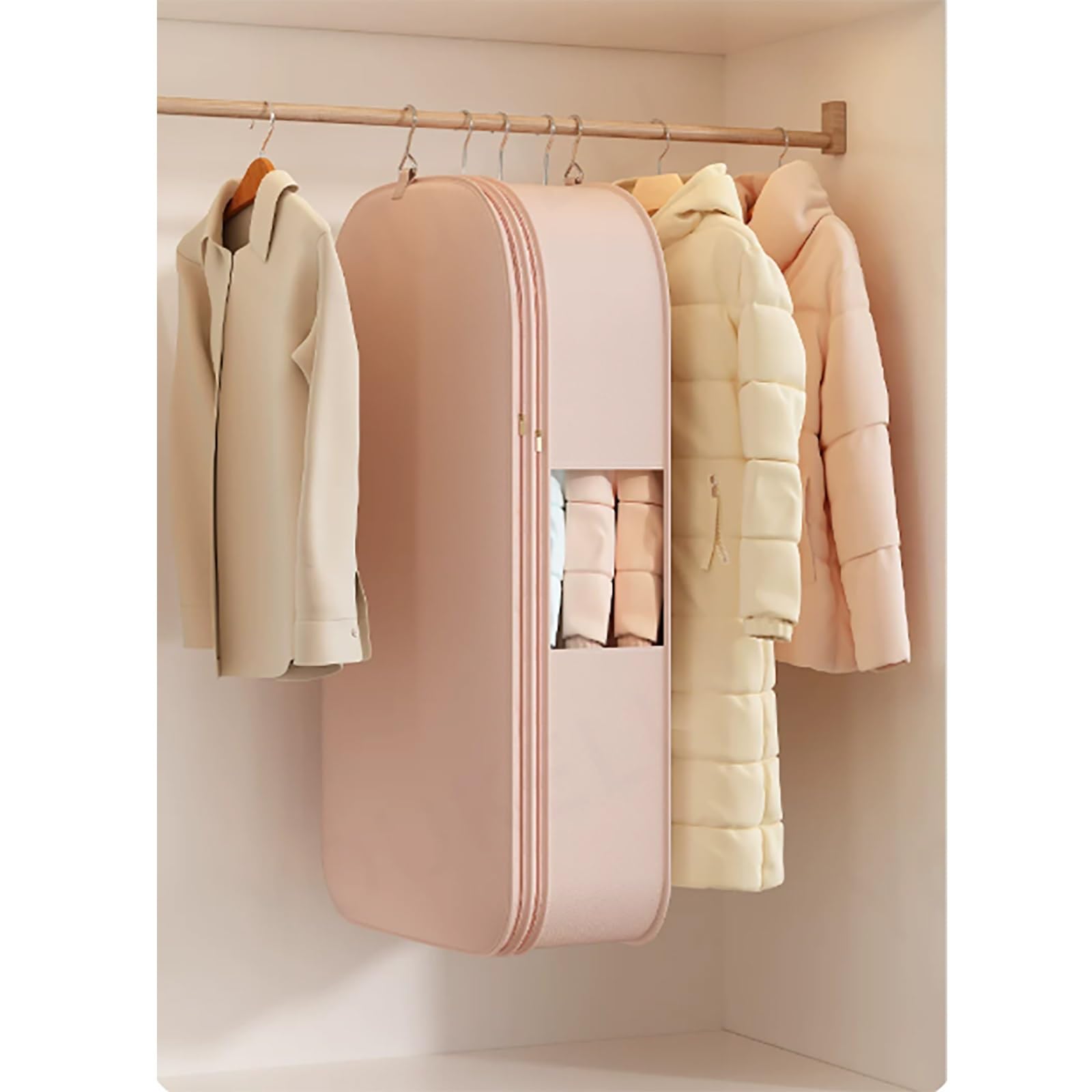 Funda Abrigos Armario de Plumón, Fundas Ropa que Ahorran Espacio | Funda Abrigos de Compresión con Ventana Transparente, Funda Ropa Satén de Plumón en Armario(Beige,58*38*90cm/23*15*35in)