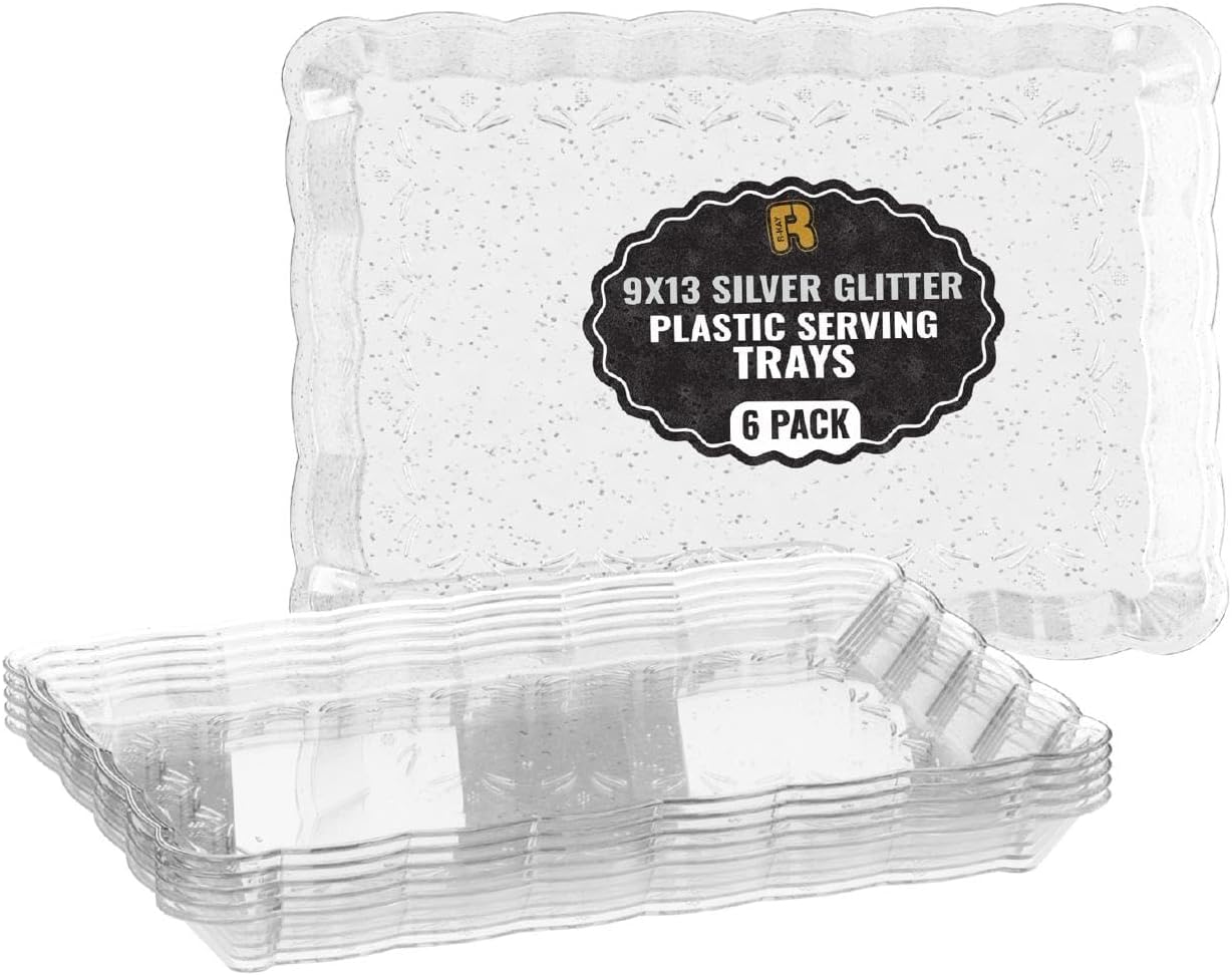 6 Pack Black Plastic Serving Trays - 9 x 13 Party Serving Trays and Platters - Black Serving Tray - Serving Platter Tray for Party
