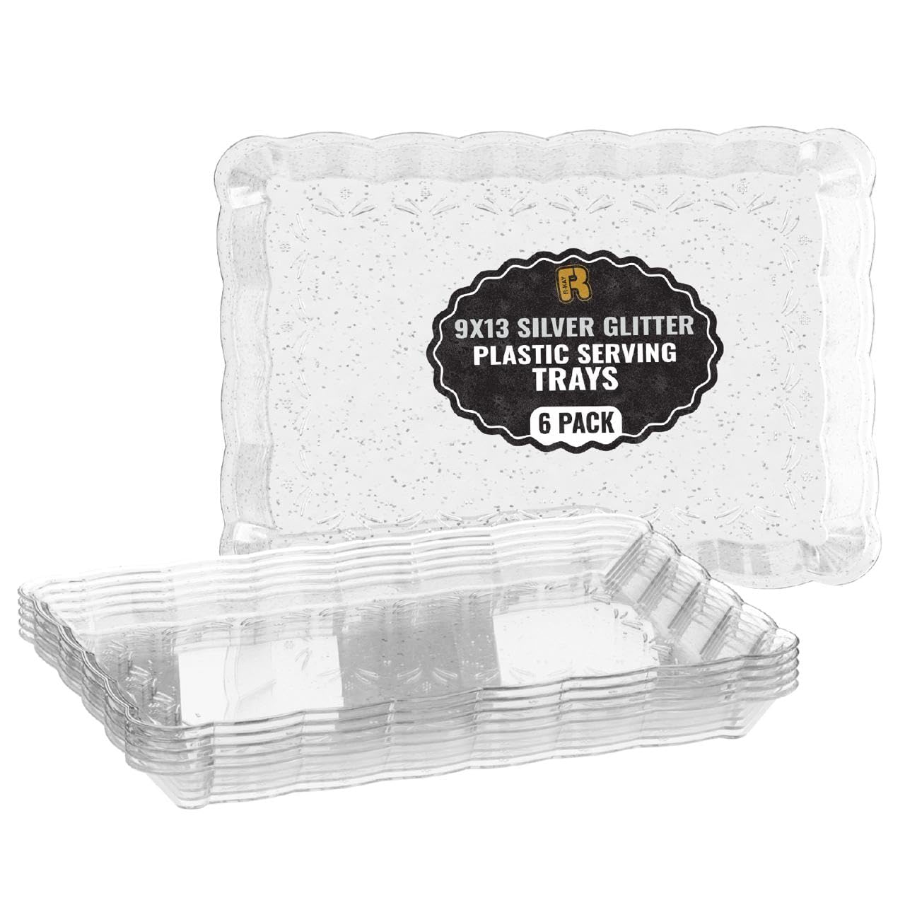 6 Pack Silver Glitter Plastic Serving Trays for Party, 9 x 13 Inch - Heavy Duty Plastic Silver Trays for Food - Rectangular Party Serving Platters
