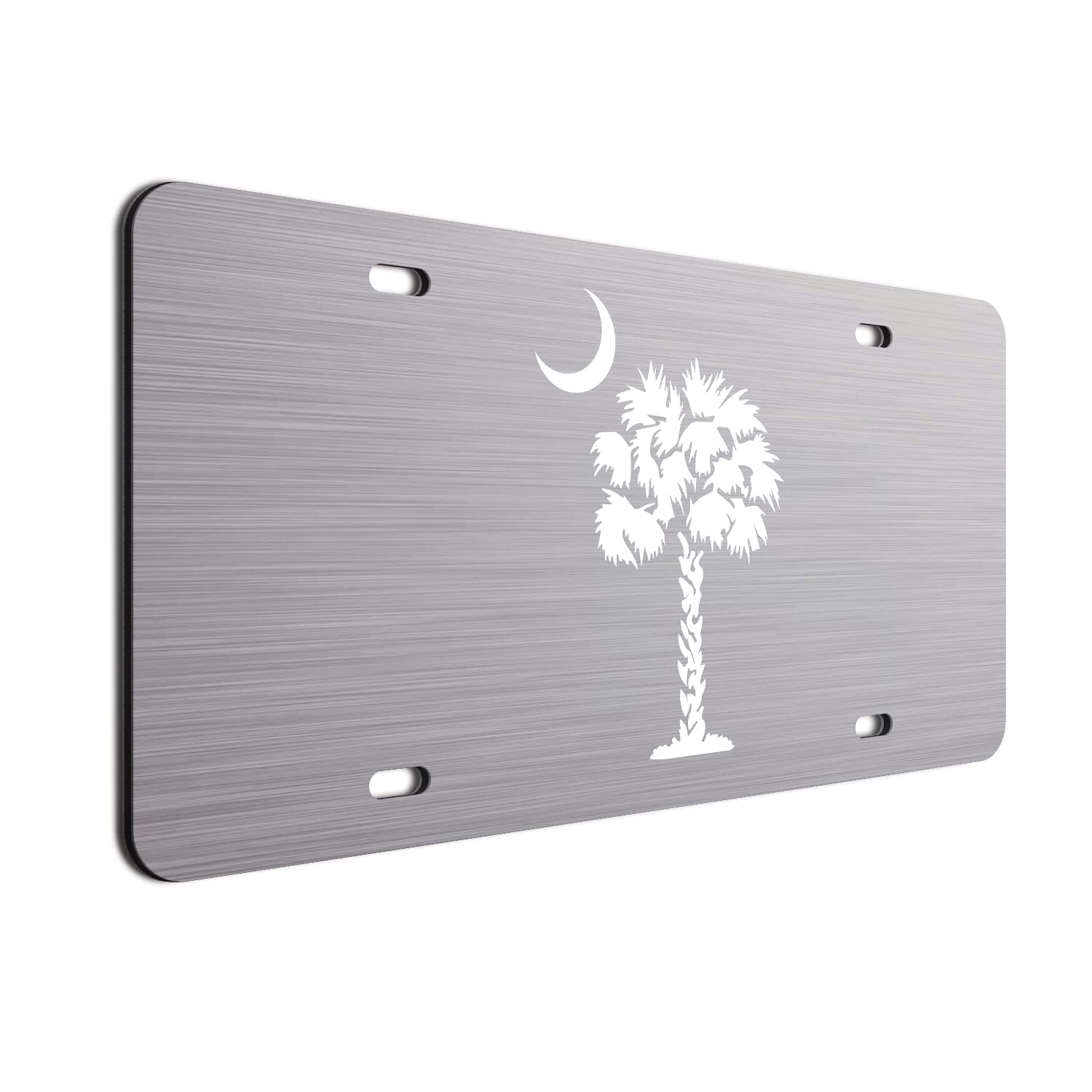 White Palm Tree Crescent Moon Brushed Aluminum ACM License Plate South Carolina Beach Logo Car Tag