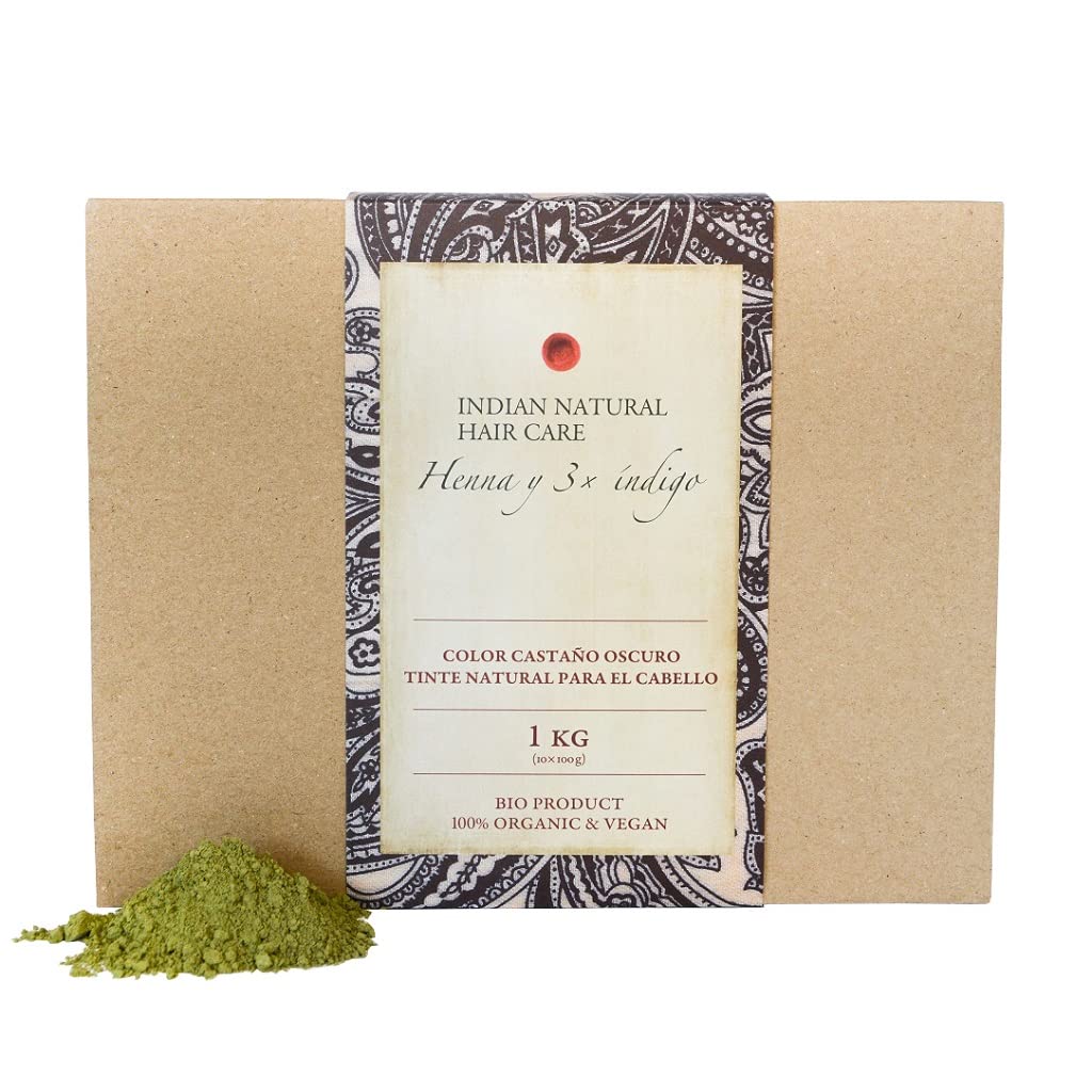 Henna y 3x índigo - Color castaño oscuro - Tinte natural para el cabello - En polvo… (1kg)