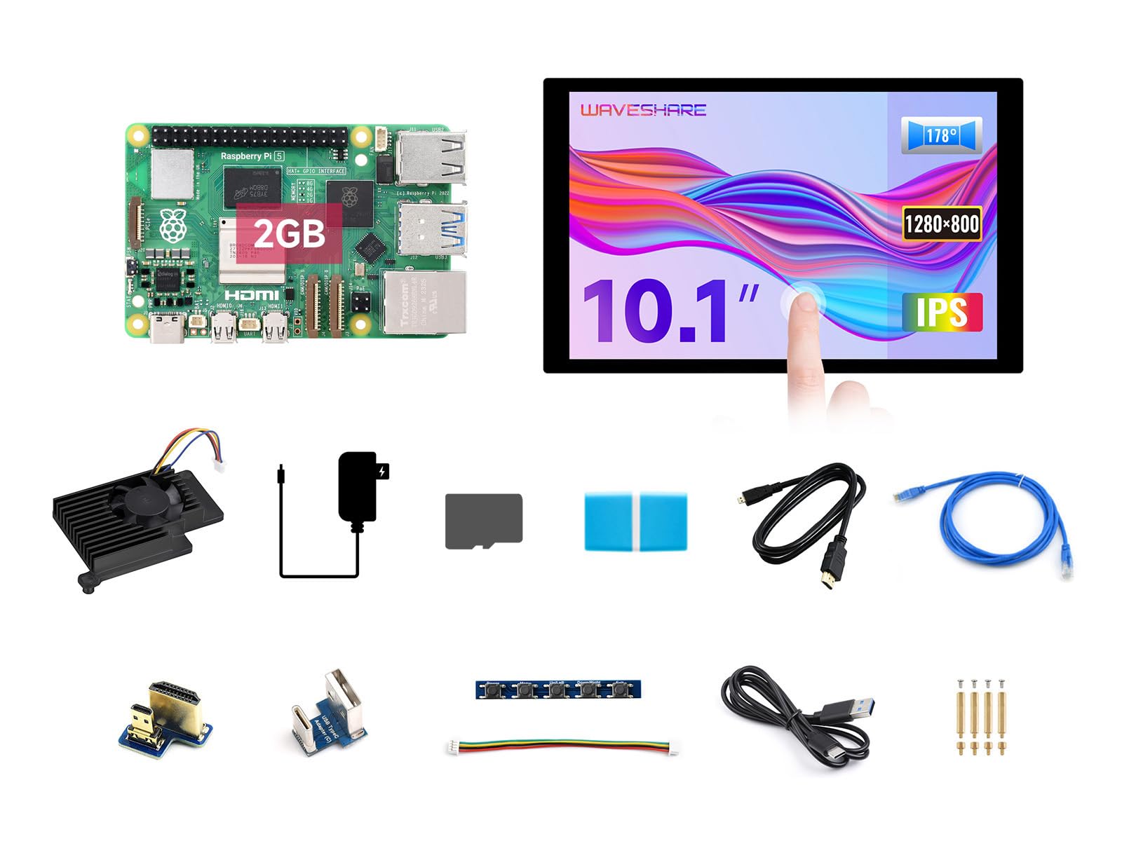 Waveshare PI5-2GB Display Kit A, Compatible with Raspberry Pi 5, Bundle with Raspberry Pi 5 2GB, 10.1inch LCD, Cooler, 64GB TF Card, Cable and So on (14 Items)