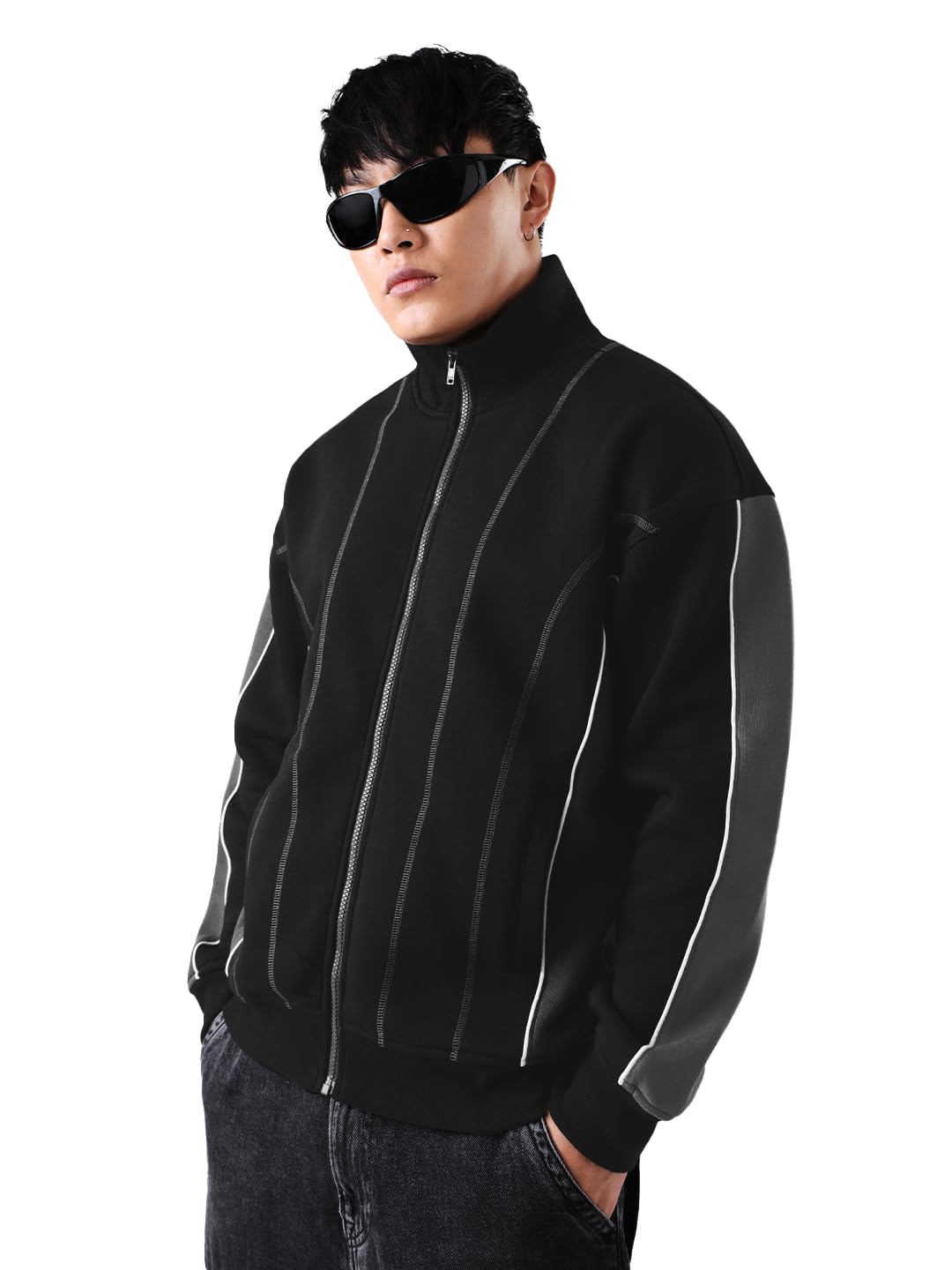 the souled store Varsity Jacket: Gunmetal Men and Boys Full Sleeves Mandarin Collar Solid Cotton Blend Oversized Fit Contrast Piping Casual Varsity Jacket-picture-54