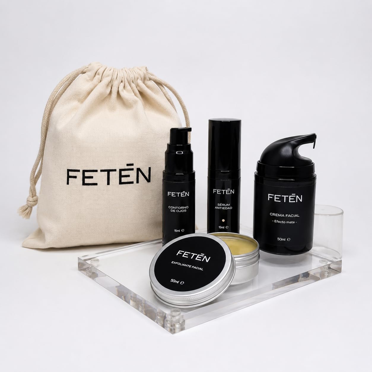 Kit Cuidado Facial Hombre 4 en 1 – Sérum, Crema, Contorno y Exfoliante | Sérum Antiedad, Contorno de Ojos 3 en 1, Crema, Exfoliante Facial