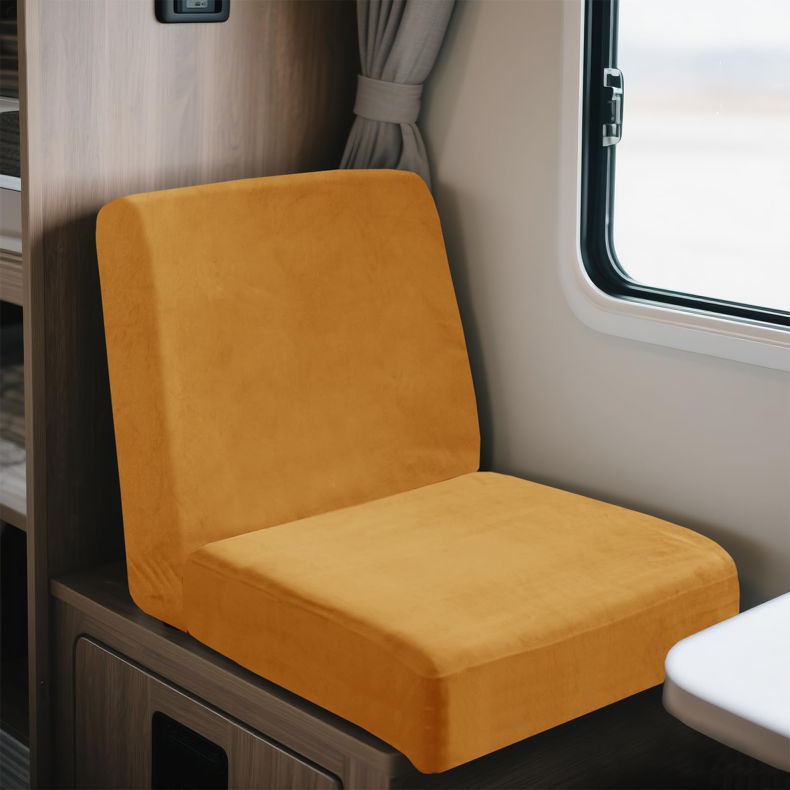 UNBBRRL Motorhome Seat Covers Stretchy Velvet, Caravan Dinette Cushion Cover Set (2pcs), RV Bench/sofa Cushion Cover with Fixing Ties (golden,Square-M)