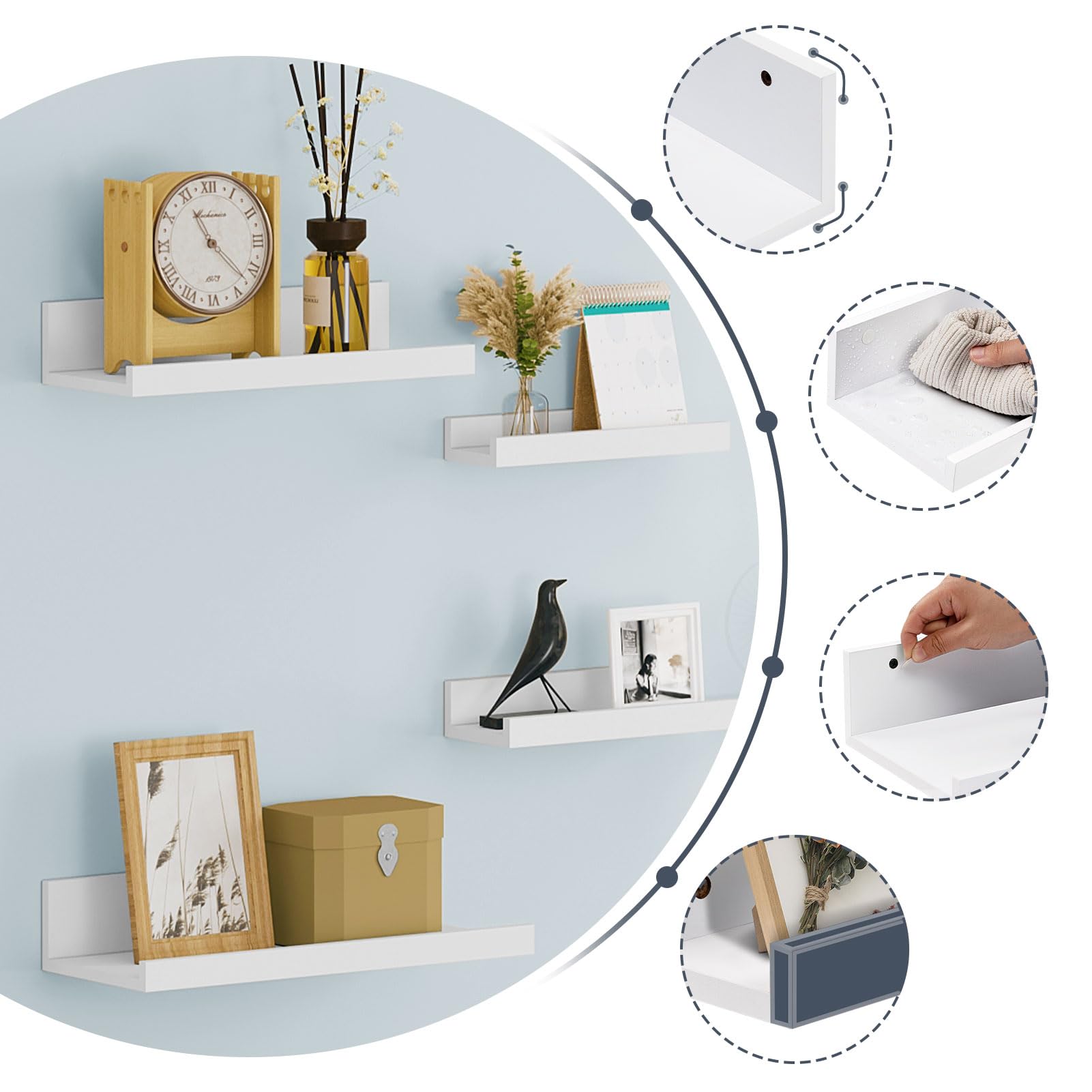 EUGAD Estanteria Pared Modernos Set de 5, Estantes Flotantes de MDF para Cocina, Baño, Repisa para Fotos para Sala de Estar, Dormitorio, Pasillo con Diseño Anti-Caída, Blanco, 5 Tamaños