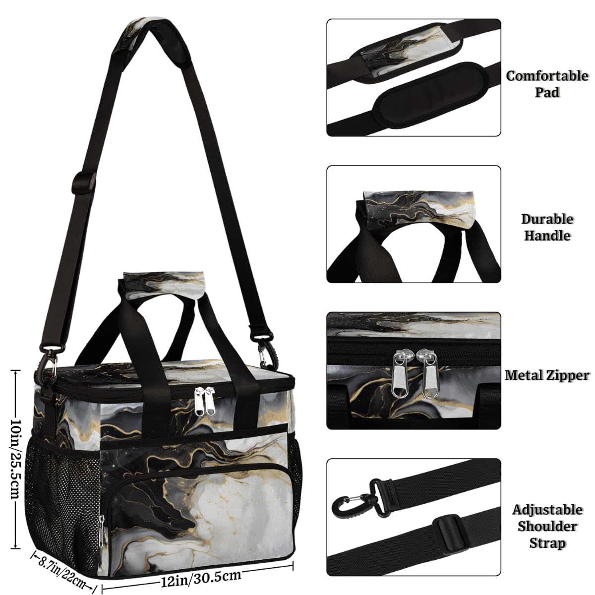 Golden Marbling Insulated Picnic Backpack Lunch Box for Women Men Picnic Basket Tote Lunch Bag Picnic Bag Portable Lunch Bags for Picnic, Beach, Work, Trip,Office, Camp Black Marble Texture