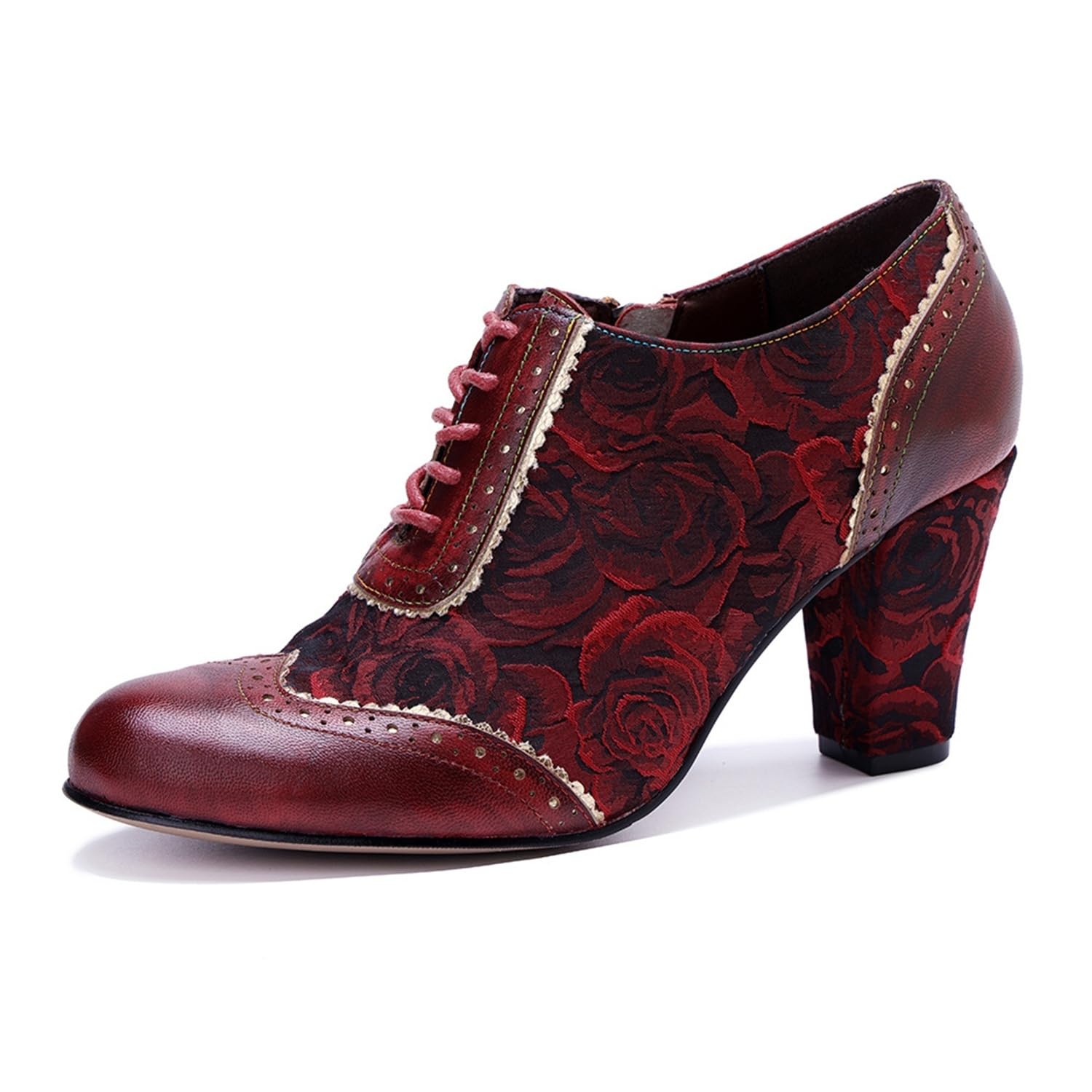Vintage Victorian Floral Oxford Pumps Leather High Heel Ankle Booties Classic Brogue Womens Shoes