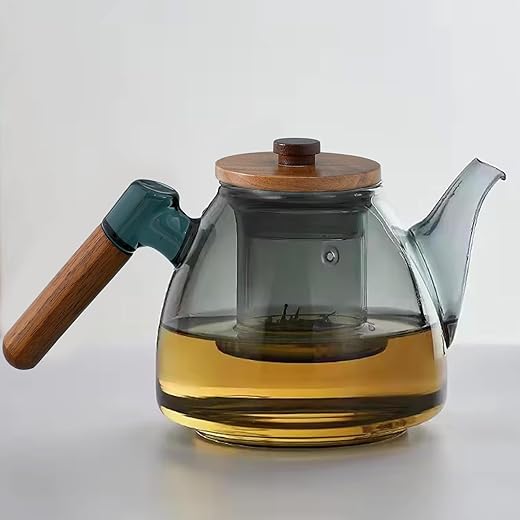 Ekhasa Glass Tea Kettle with Strainer for Gas Stove | Borosilicate Tea Pot with Infuser with Lid | Flame Proof Carafe Coffee Maker | Milk Chai Boiler | Transparent Green Tea Infuser with Bamboo Handle