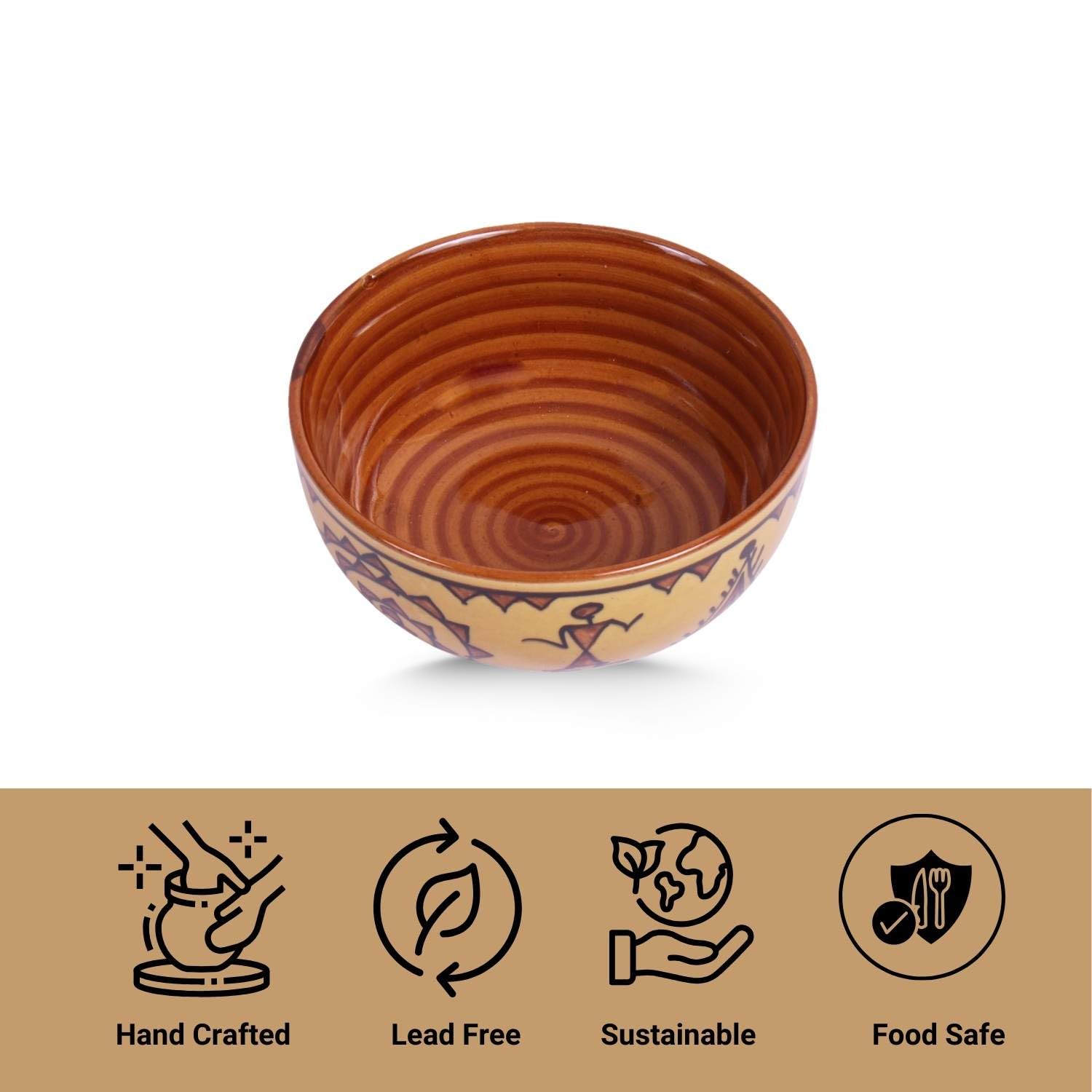 VarEesha Handmade Brown Warli Small Ceramic Snack Bowls Set of 2|Cereal Bowls| Stoneware Serving Bowls| Snack Bowls| Microwave and Dishwasher Safe Lead Free Serving Bowls| 200 ML| Brown 2