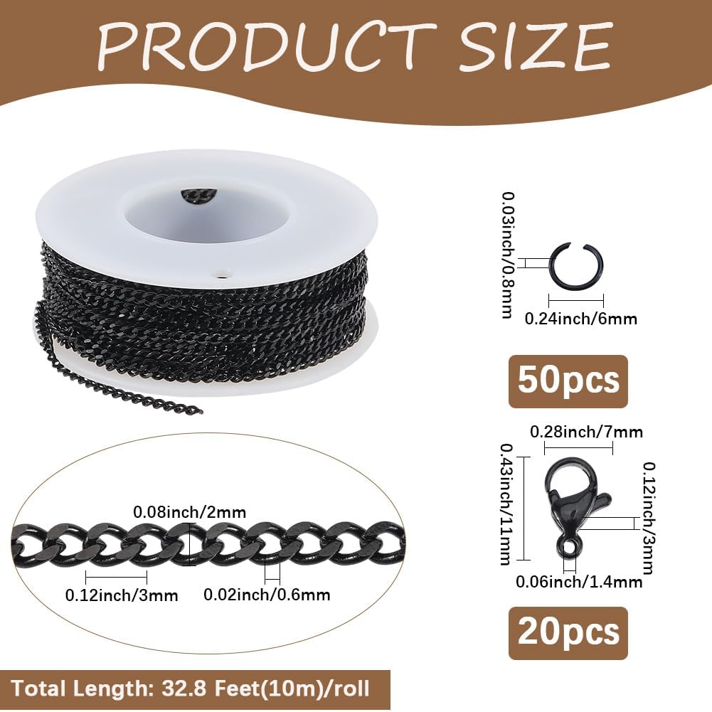 33 Feet/10m 3 x 2mm Black Curb Chain Bulk Chain Jewelry Making Kit with Jump Rings 304 Stainless Steel Cuban Oval Metal Link Roll Connector Accessories for Jewelry Necklace Bracelet DIY Craft