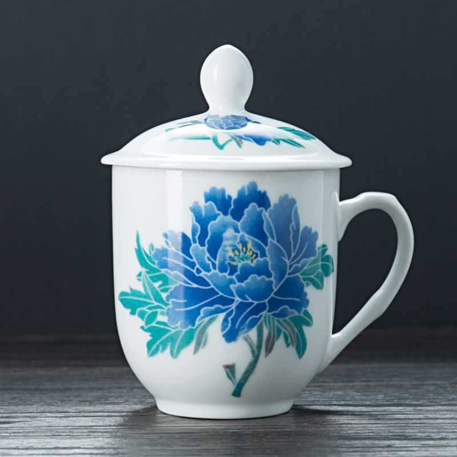 China Liling Under-Glaze Colorful Ceramic Cup, Boss Cup, Ceramic Cup, Under-Glaze Painted, Creative Cup with Lid, Office Meeting Room Hotel Cup(No-Gift Box) (Blue Peony)