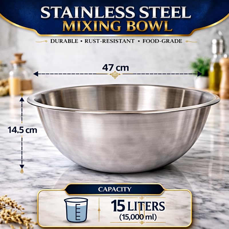Image of KMW Stainless Steel Mixing Bowl Regular 16 Qt (15.5 litres) | with Comfortable Grip | Stainless Steel Build