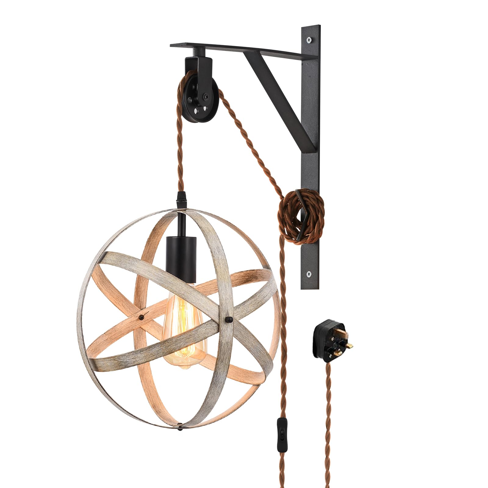 KEESFU Plug in Wall Light with Pulley Height Adjustment, 3.5M Cable & On/Off Switch, Retro Wood Grain Metal Wall Lamp for Bedroom Living Room (Bulb Not Included), E27 Socket