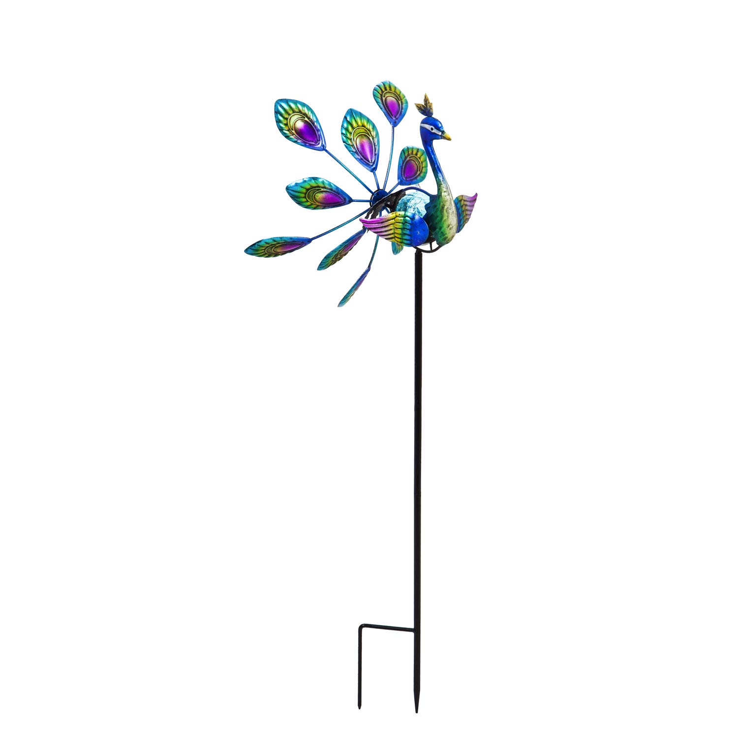 Evergreen Garden Beautiful Solar Peacock Wind Spinner Garden Stake - 13 x 10 x 37 Inches Fade and Weather Resistant Outdoor Decoration for Homes, Yards and Gardens