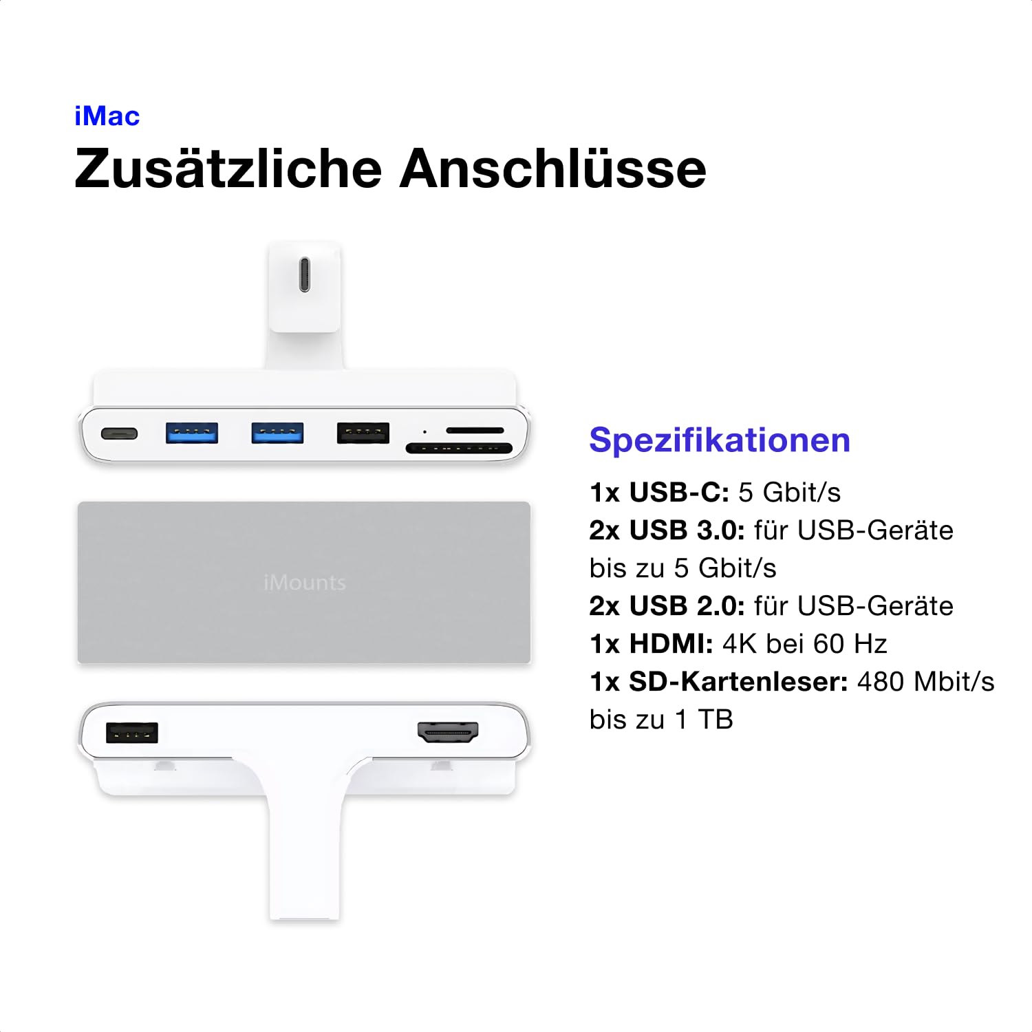 Hub USB-C do iMac 24 cali | adapter 7 w 1 z HDMI 4K 60 Hz, USB-C, USB 3.0, czytnik kart SD | kompatybilny z iMac M1, M3, M4 (2021-2025)
