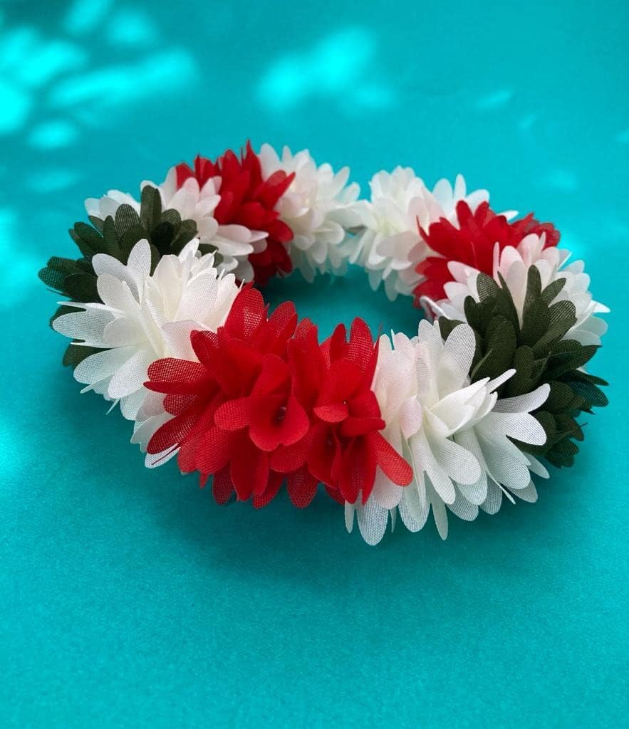 S,S Store Flower Synthetic and Fabric Green with White and Red Color Flowers Gajra for Fashion and Traditional Indian Dances Bharatanatyam,Kuchipudi Pack of 2