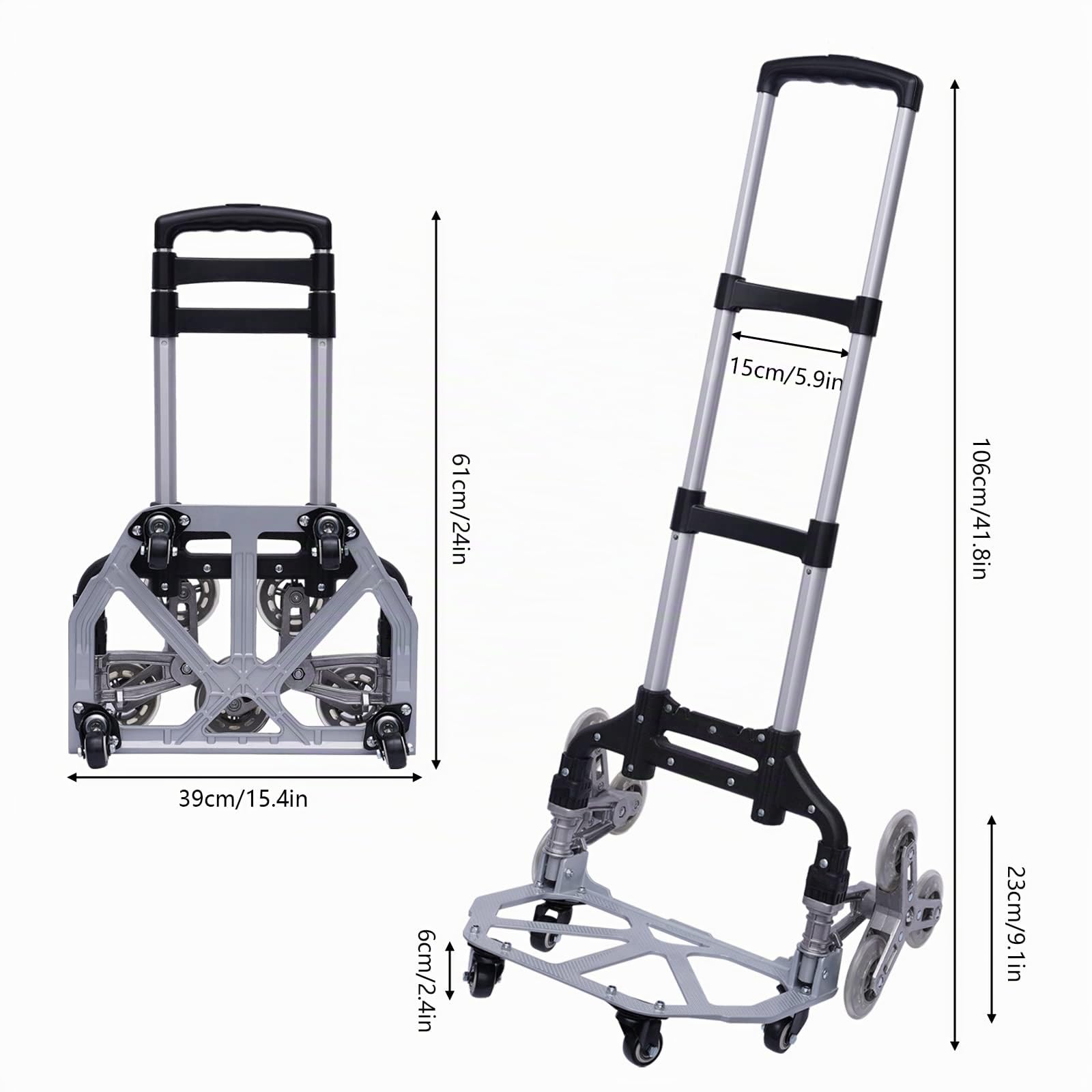Diable d'escalier pliable en aluminium 10 roues et poignée télescopique (26-42 pouces) Transport réglable en hauteur Charge maximale 75 kg + sac étanche pour déménagement