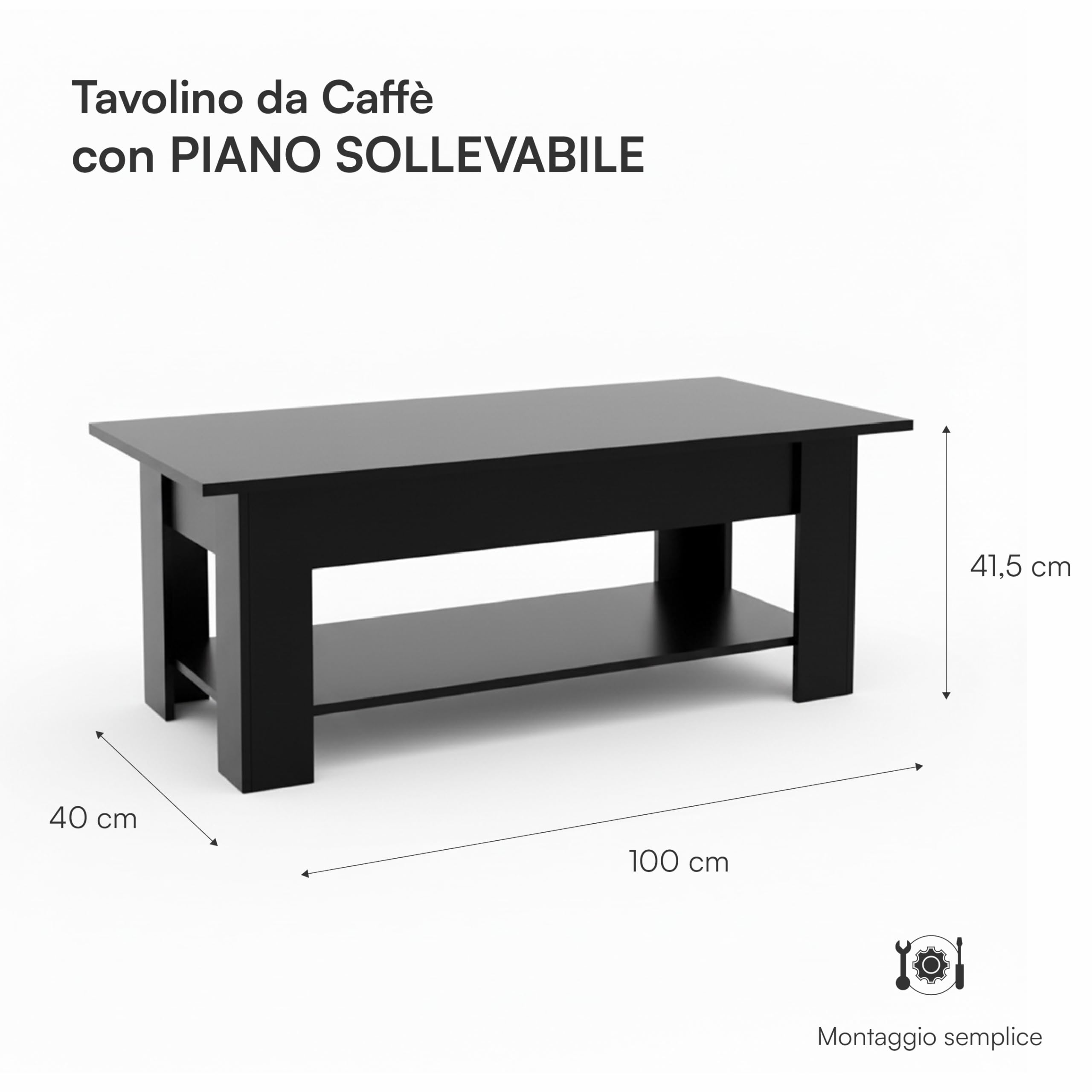 Baroni Home Tavolino da Caffè con Piano Sollevabile, Contenitore Interno, Tavolino Nero da Salotto Moderno con Ripiano, Tavolo Salvaspazio per Soggiorno, 100x40x41,5 cm