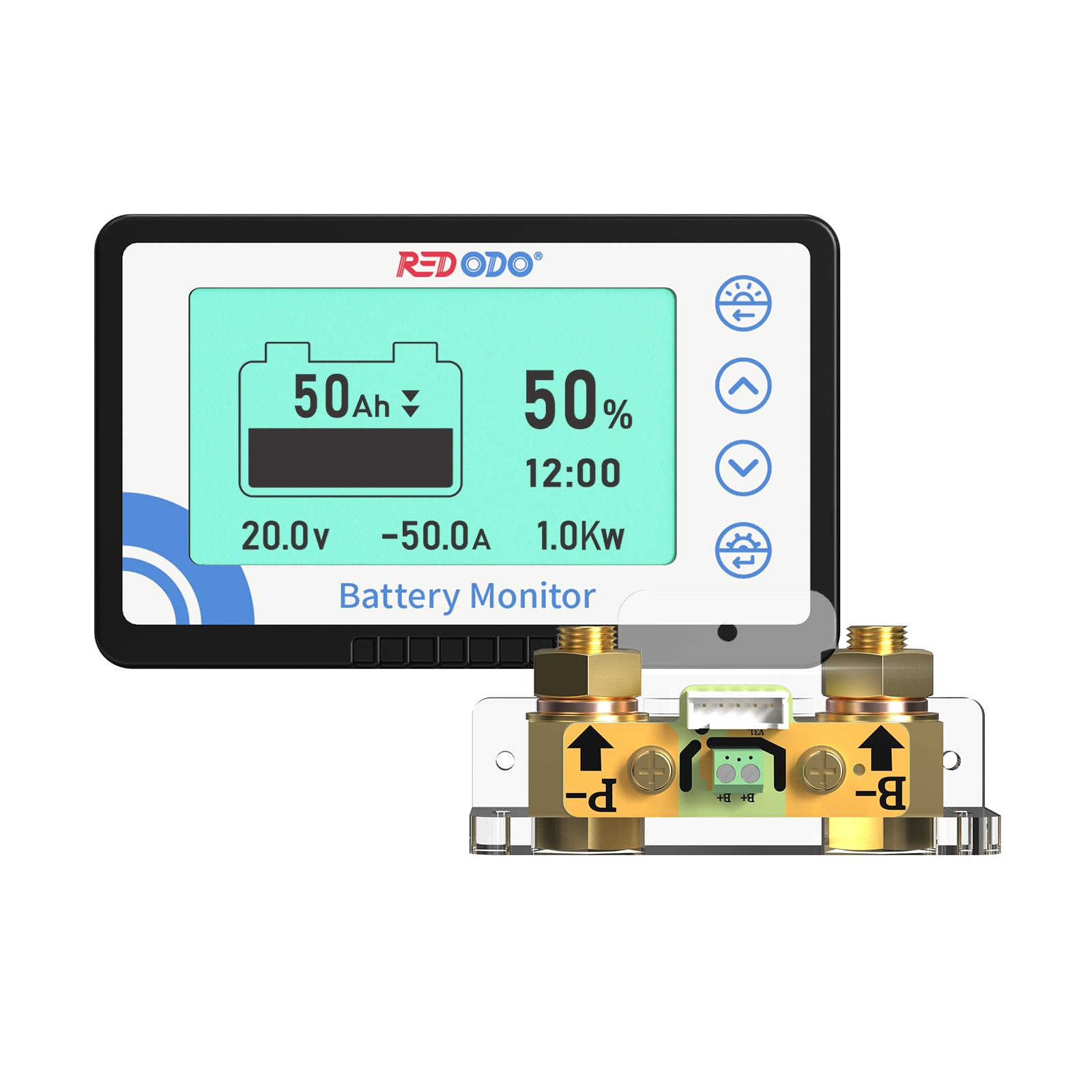 Redodo 500A Batteria Monitor con Shunt, Misuratore di Tensione della Batteria con Intervallo 8V~120V, Cavo Schermato da 20 Piedi, Compatibile con Batterie al Gel, al Piombo e LiFePO4