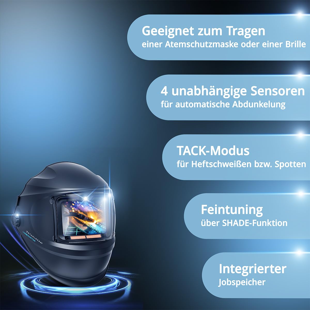 STAHLWERK Automatik-Schweißhelm 3-in-1 Raptor – Schweißerhelm mit True-Colour, LED-Licht, autom. Abdunkelung DIN 4-13, optische Klasse 1/1/1/2, Sichtfeld 116 x 81 mm, Schweißschild, Schweißmaske